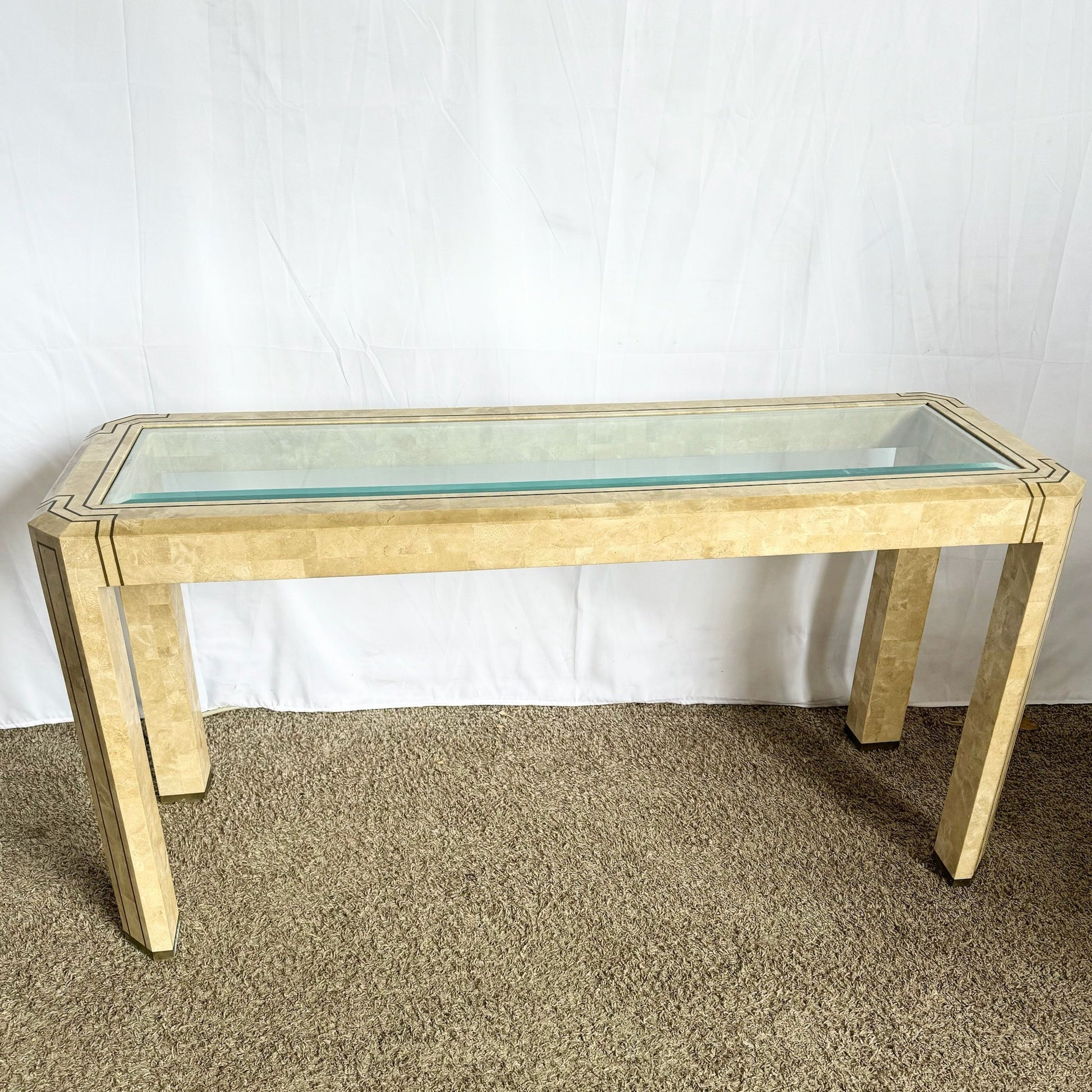 Postmodern Tessellated Stone Console Table With Brass and Glass Inlay - Dolphin & Flamingo