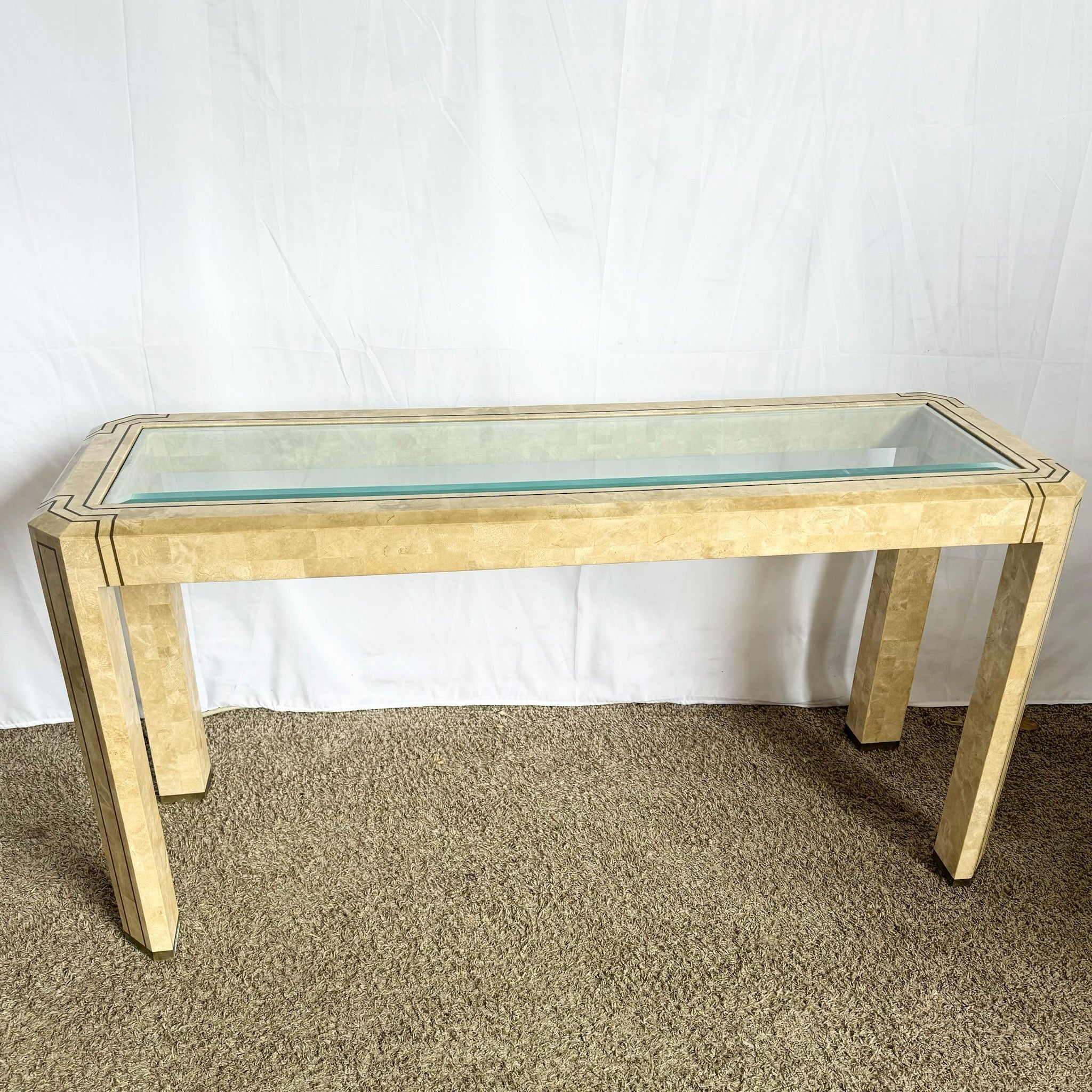 Postmodern Tessellated Stone Console Table With Brass and Glass Inlay - Dolphin & Flamingo