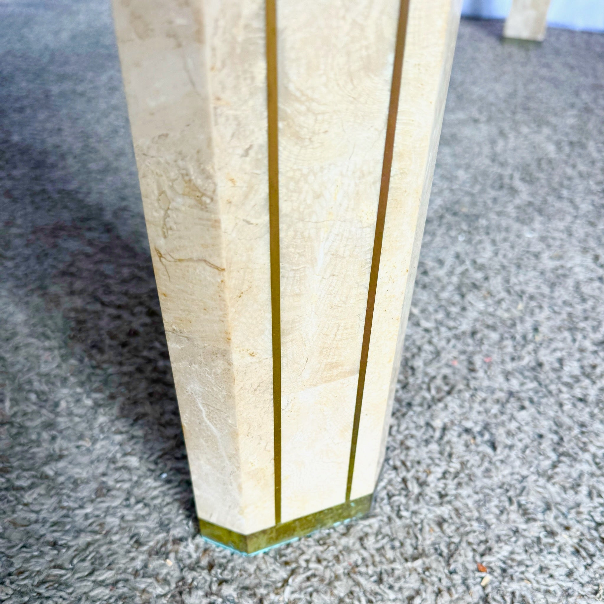 Postmodern Tessellated Stone Console Table With Brass and Glass Inlay - Dolphin & Flamingo