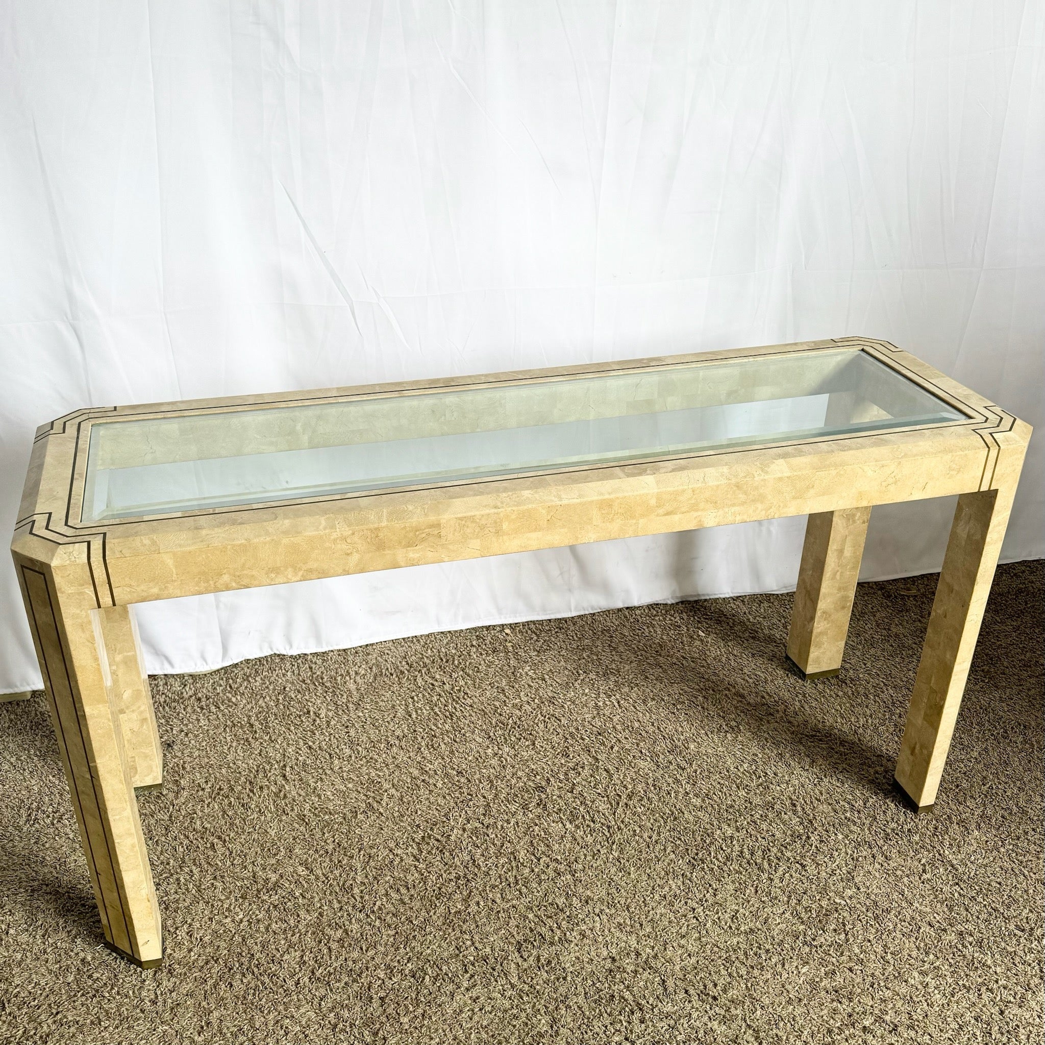 Postmodern Tessellated Stone Console Table With Brass and Glass Inlay - Dolphin & Flamingo