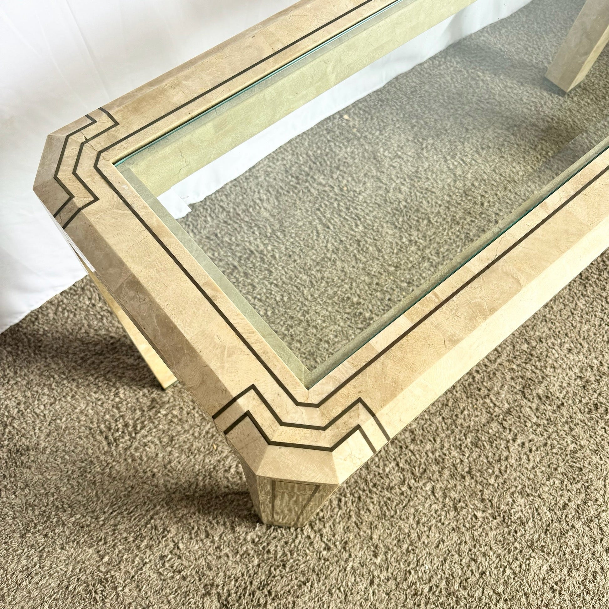 Postmodern Tessellated Stone Console Table With Brass and Glass Inlay - Dolphin & Flamingo