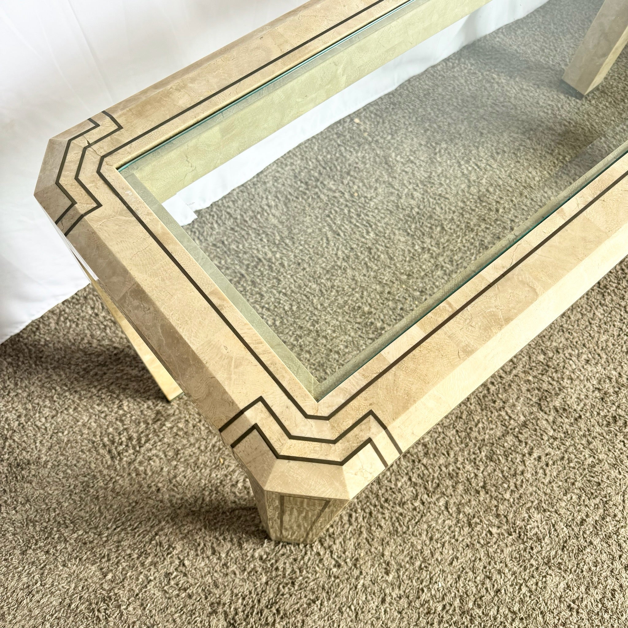Postmodern Tessellated Stone Console Table With Brass and Glass Inlay - Dolphin & Flamingo