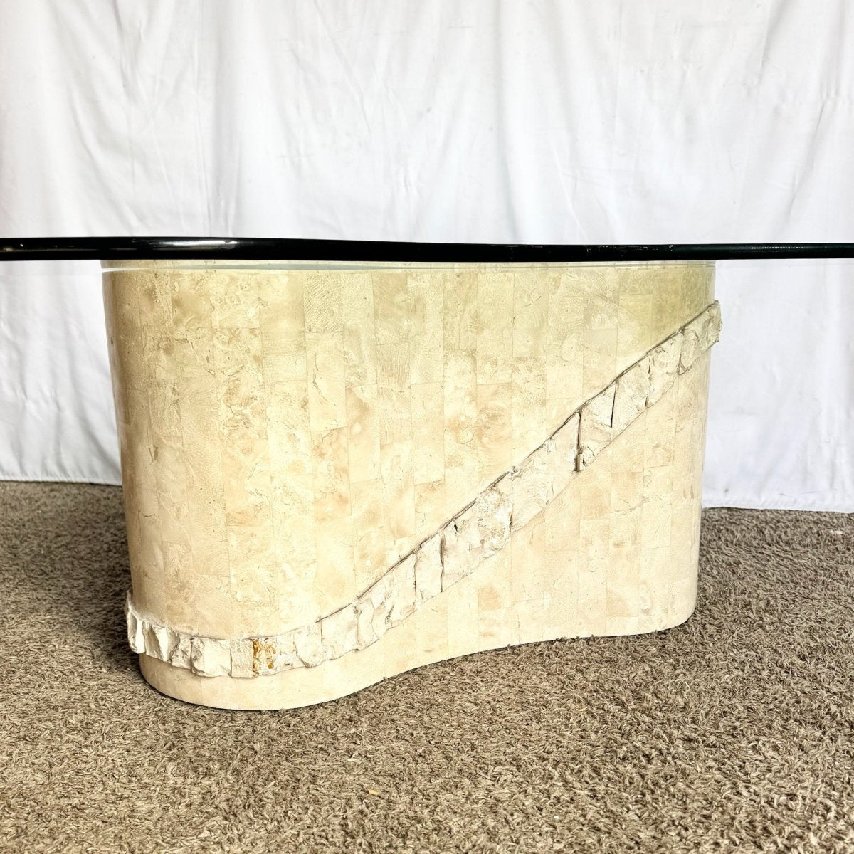 Postmodern Tessellated Stone Glass Top Kidney Coffee Table - Dolphin & Flamingo