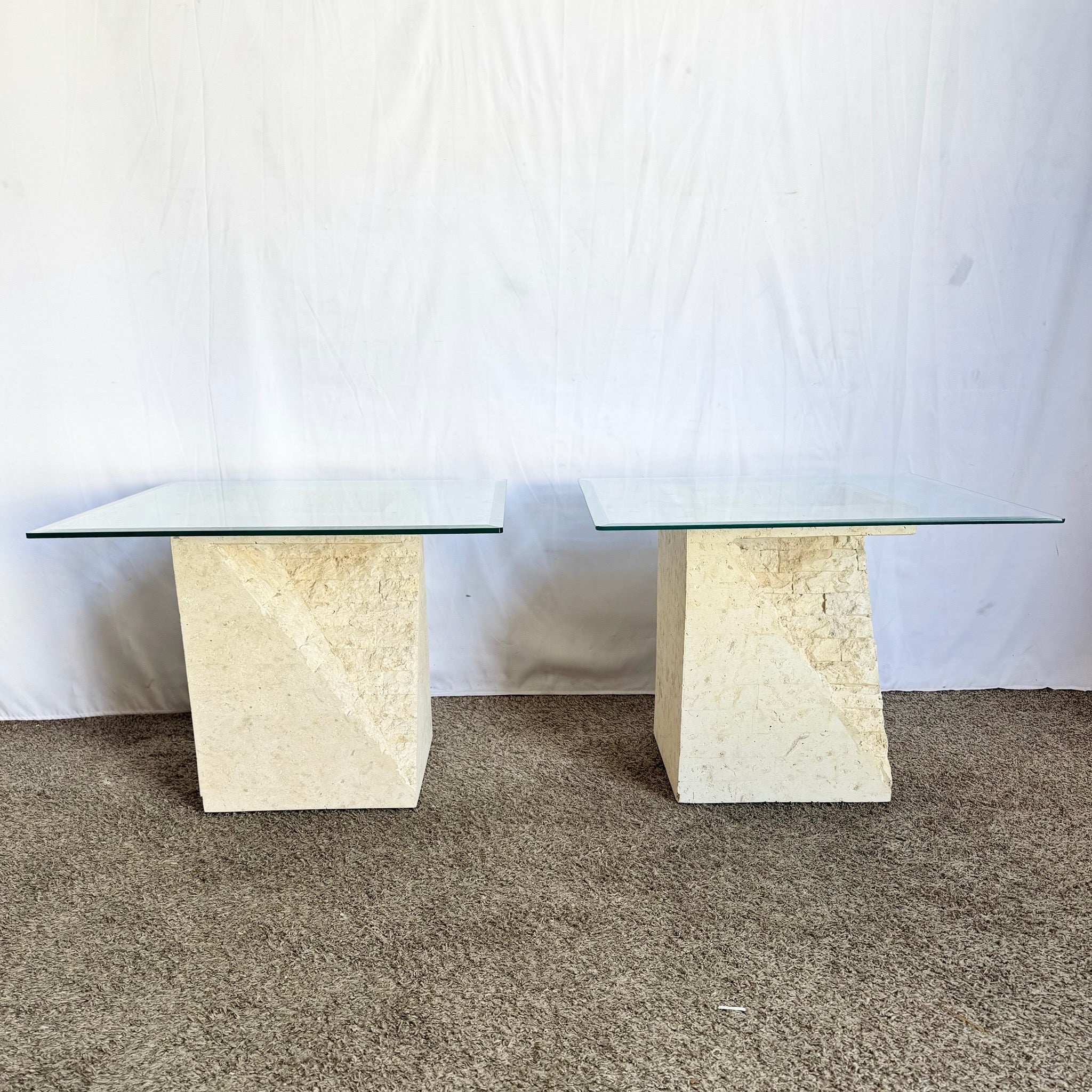 Postmodern Tessellated Stone Square Glass Top Side Tables - A Pair - Dolphin & Flamingo