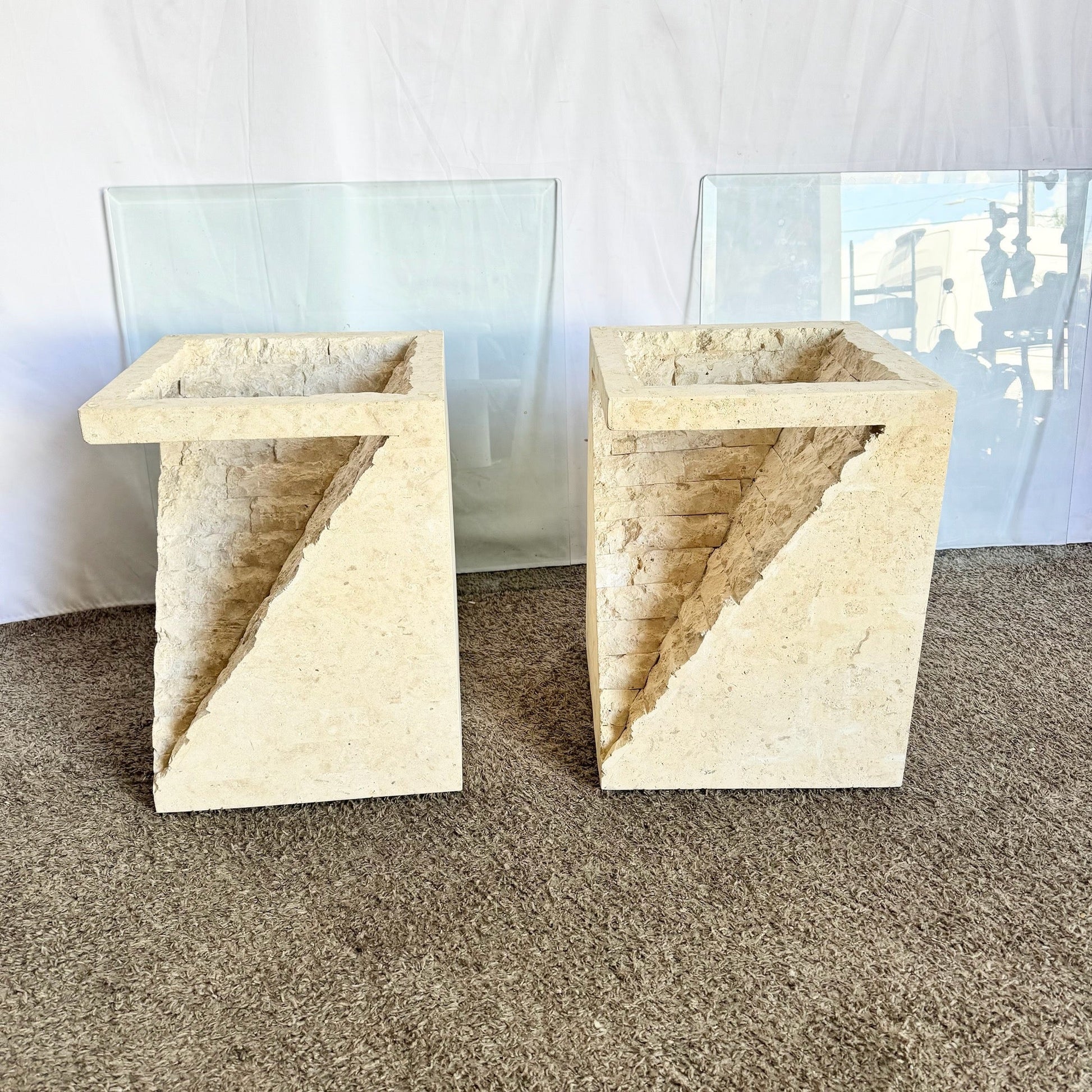 Postmodern Tessellated Stone Square Glass Top Side Tables - A Pair - Dolphin & Flamingo