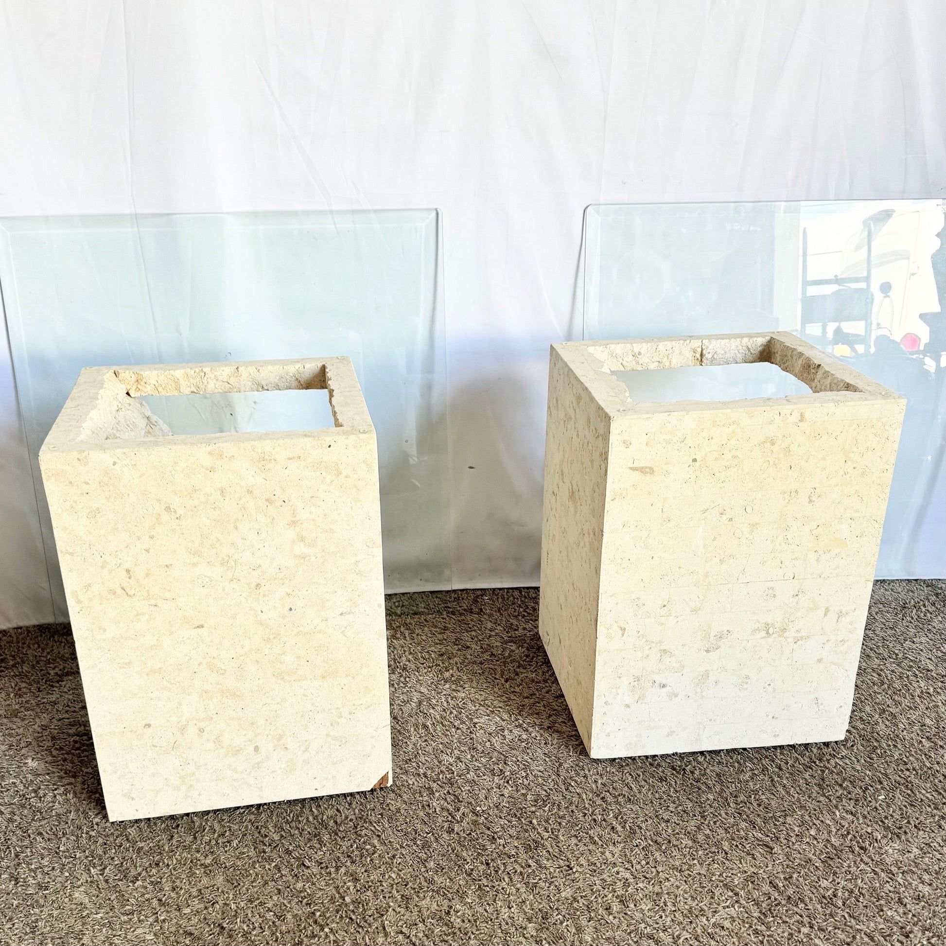 Postmodern Tessellated Stone Square Glass Top Side Tables - A Pair - Dolphin & Flamingo