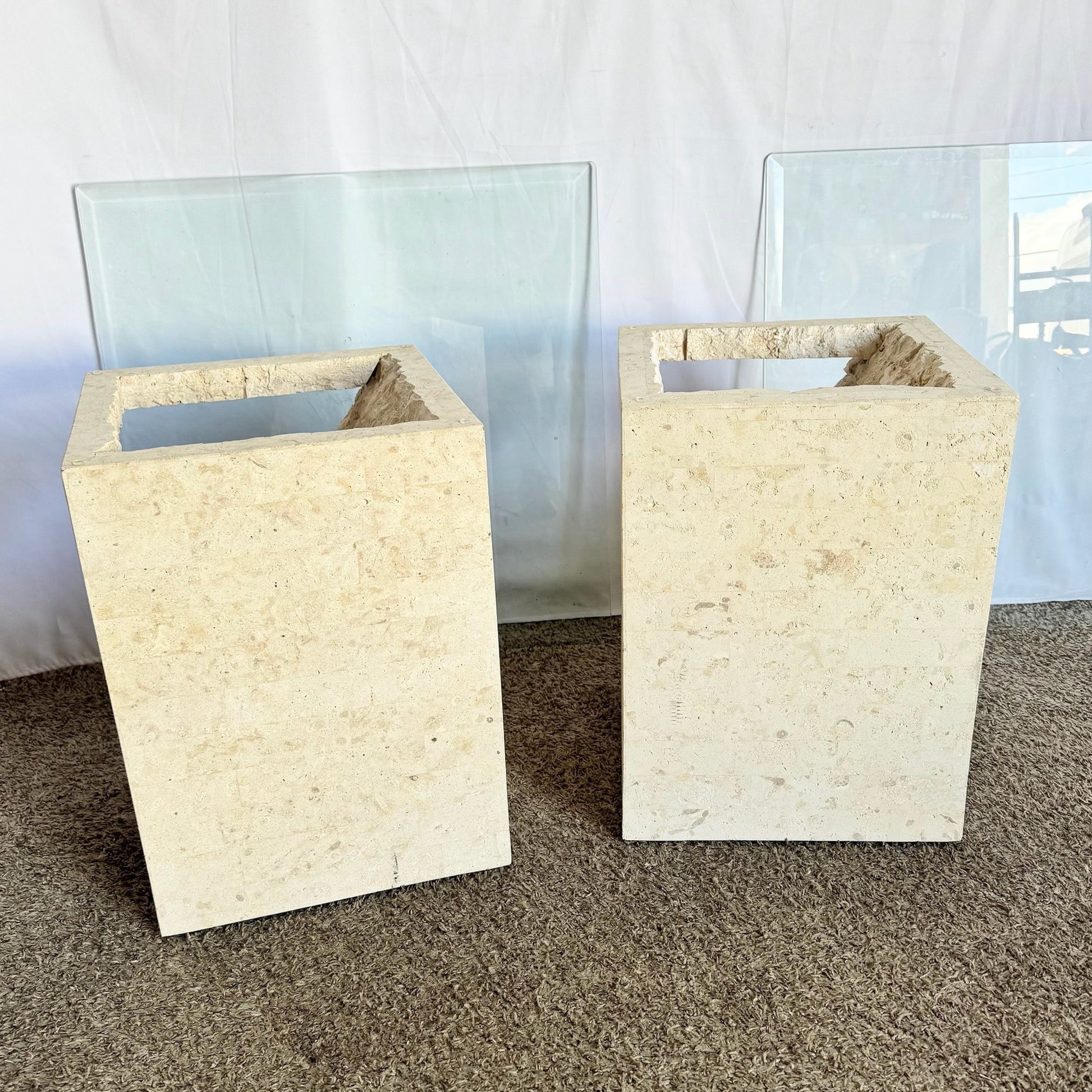 Postmodern Tessellated Stone Square Glass Top Side Tables - A Pair - Dolphin & Flamingo