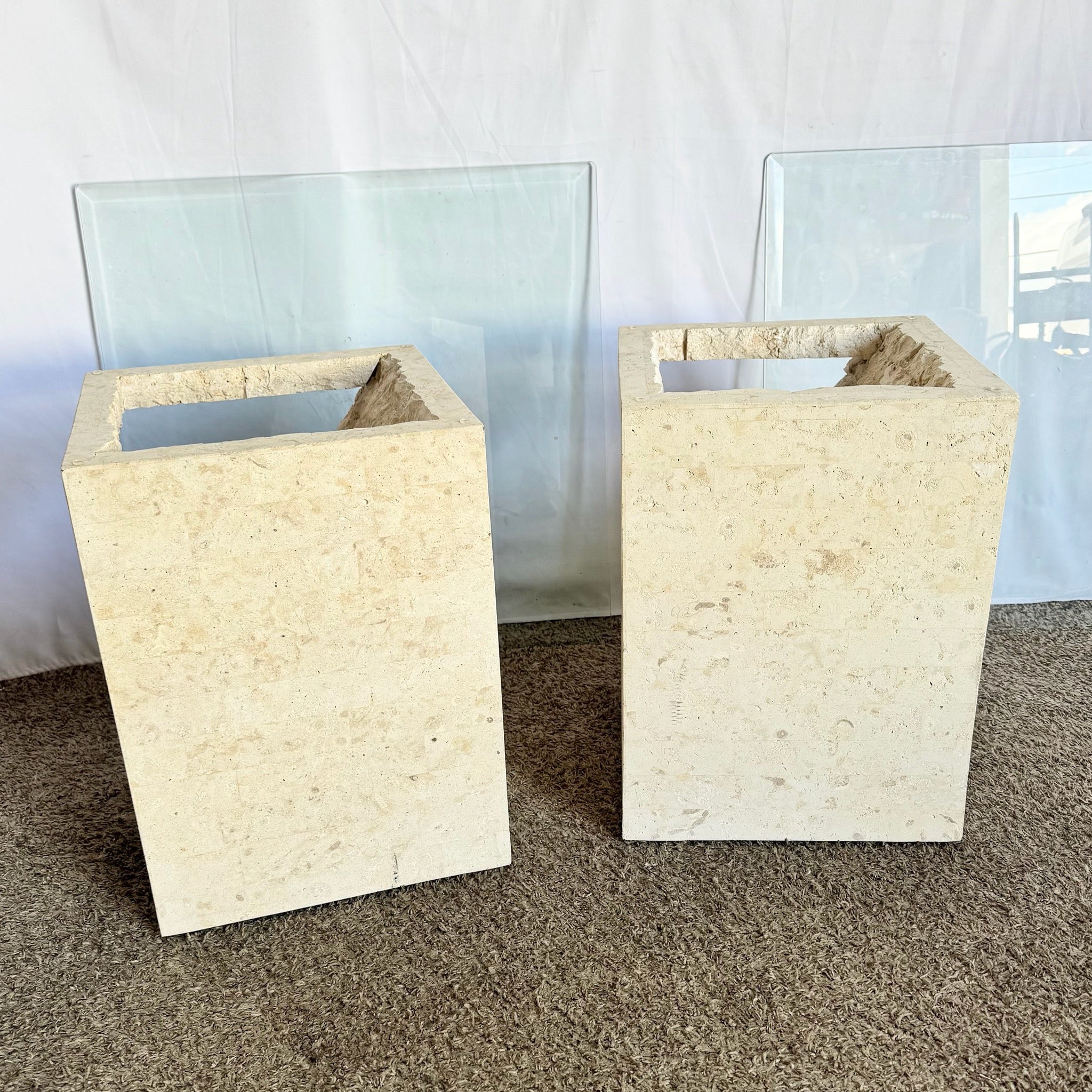 Postmodern Tessellated Stone Square Glass Top Side Tables - A Pair - Dolphin & Flamingo