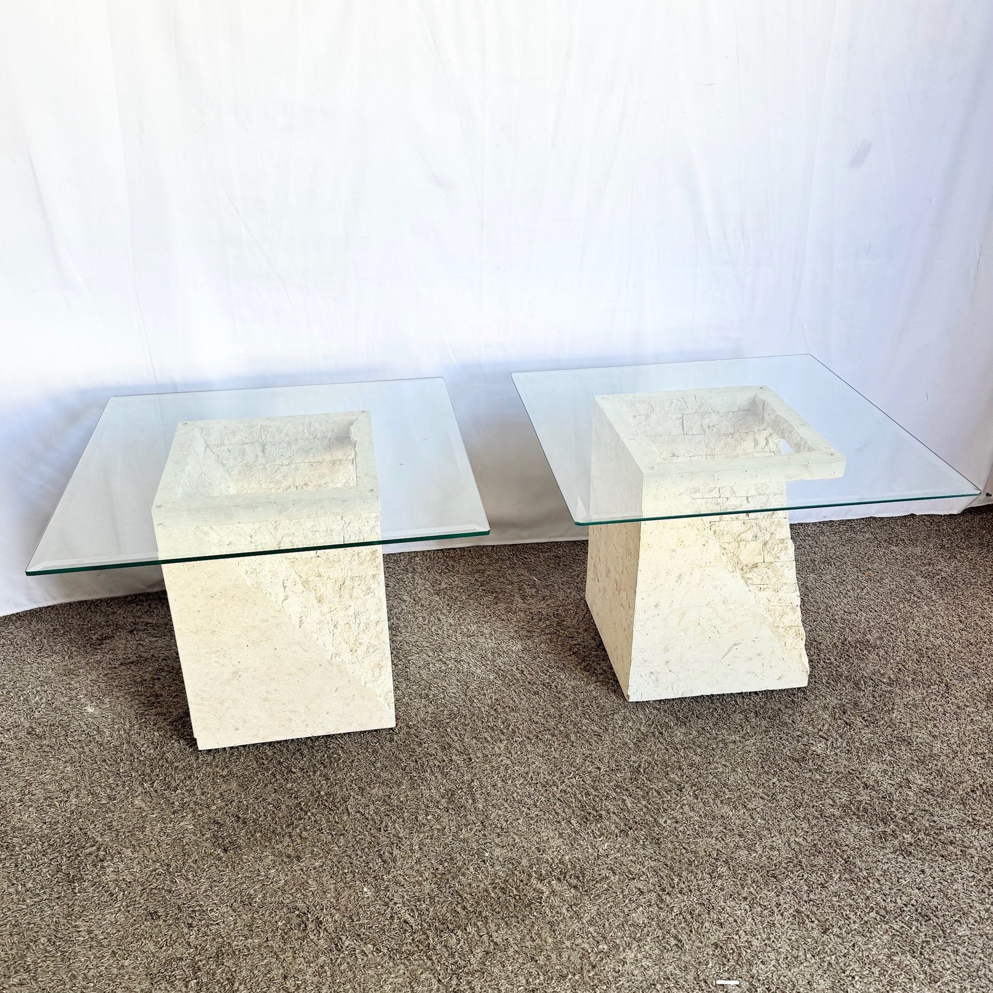Postmodern Tessellated Stone Square Glass Top Side Tables - A Pair - Dolphin & Flamingo