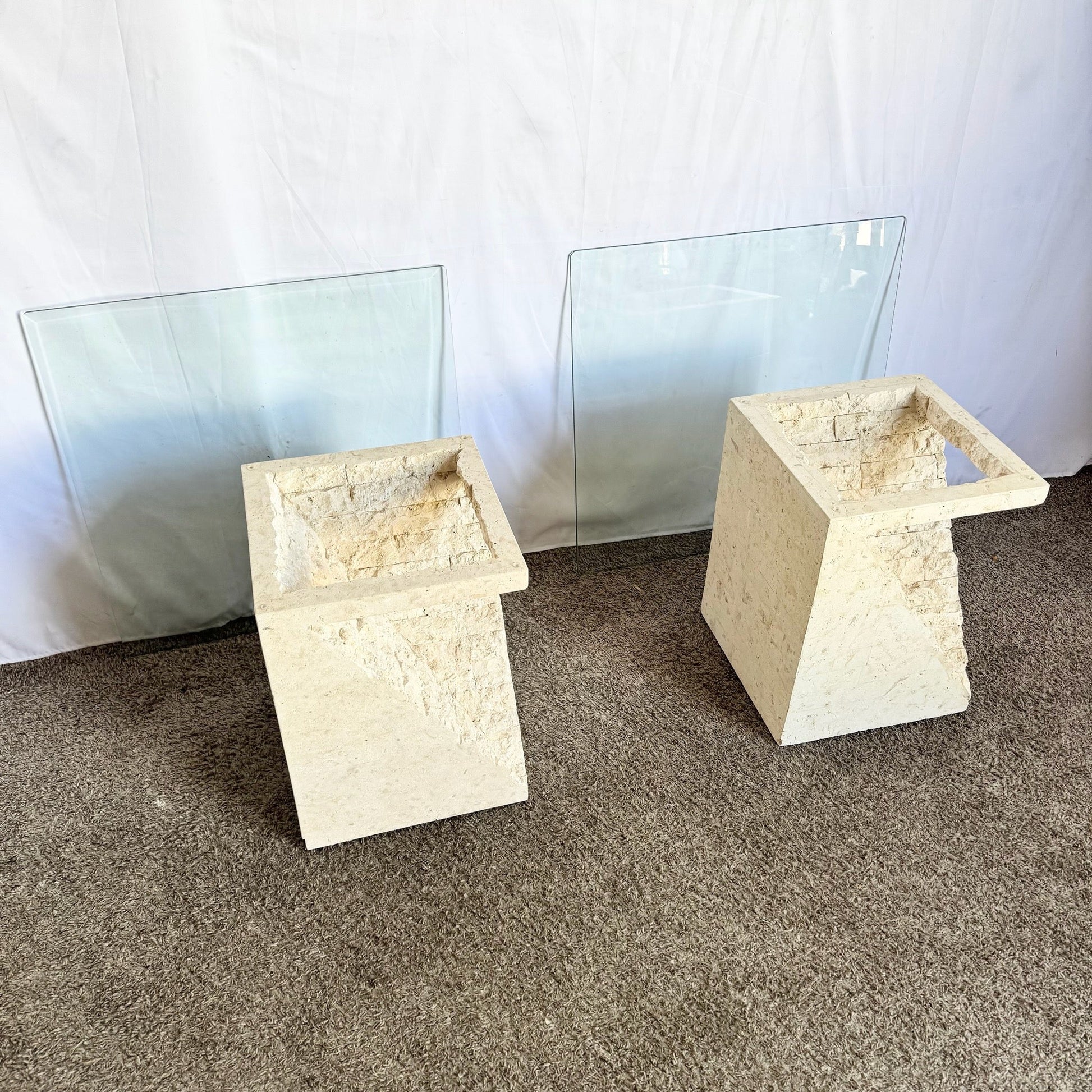 Postmodern Tessellated Stone Square Glass Top Side Tables - A Pair - Dolphin & Flamingo