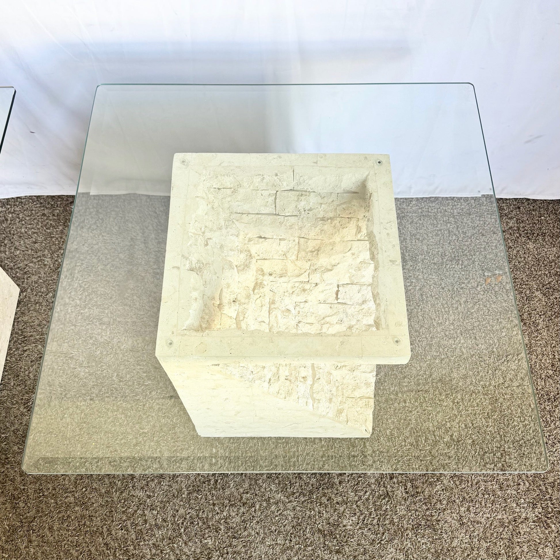 Postmodern Tessellated Stone Square Glass Top Side Tables - A Pair - Dolphin & Flamingo