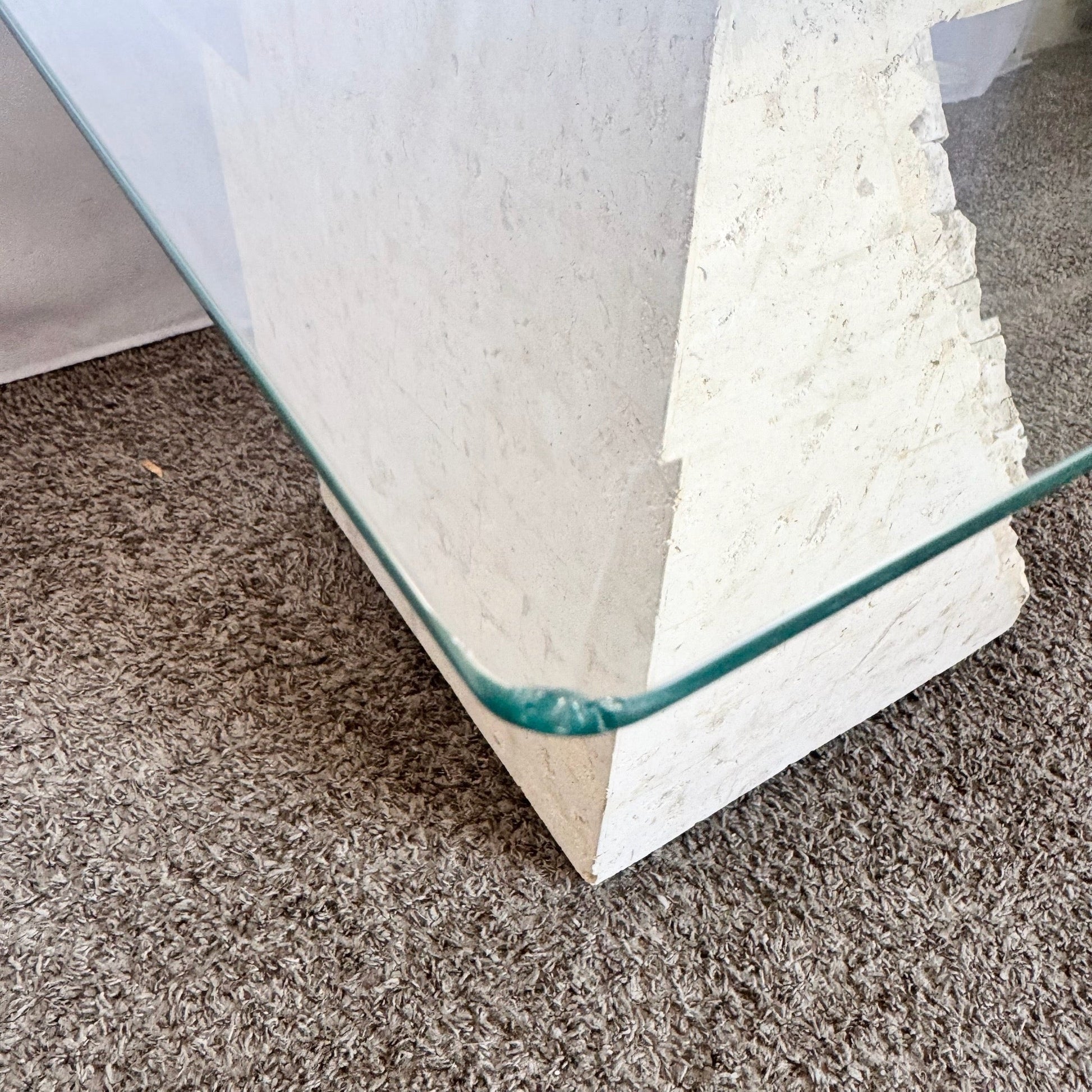 Postmodern Tessellated Stone Square Glass Top Side Tables - A Pair - Dolphin & Flamingo