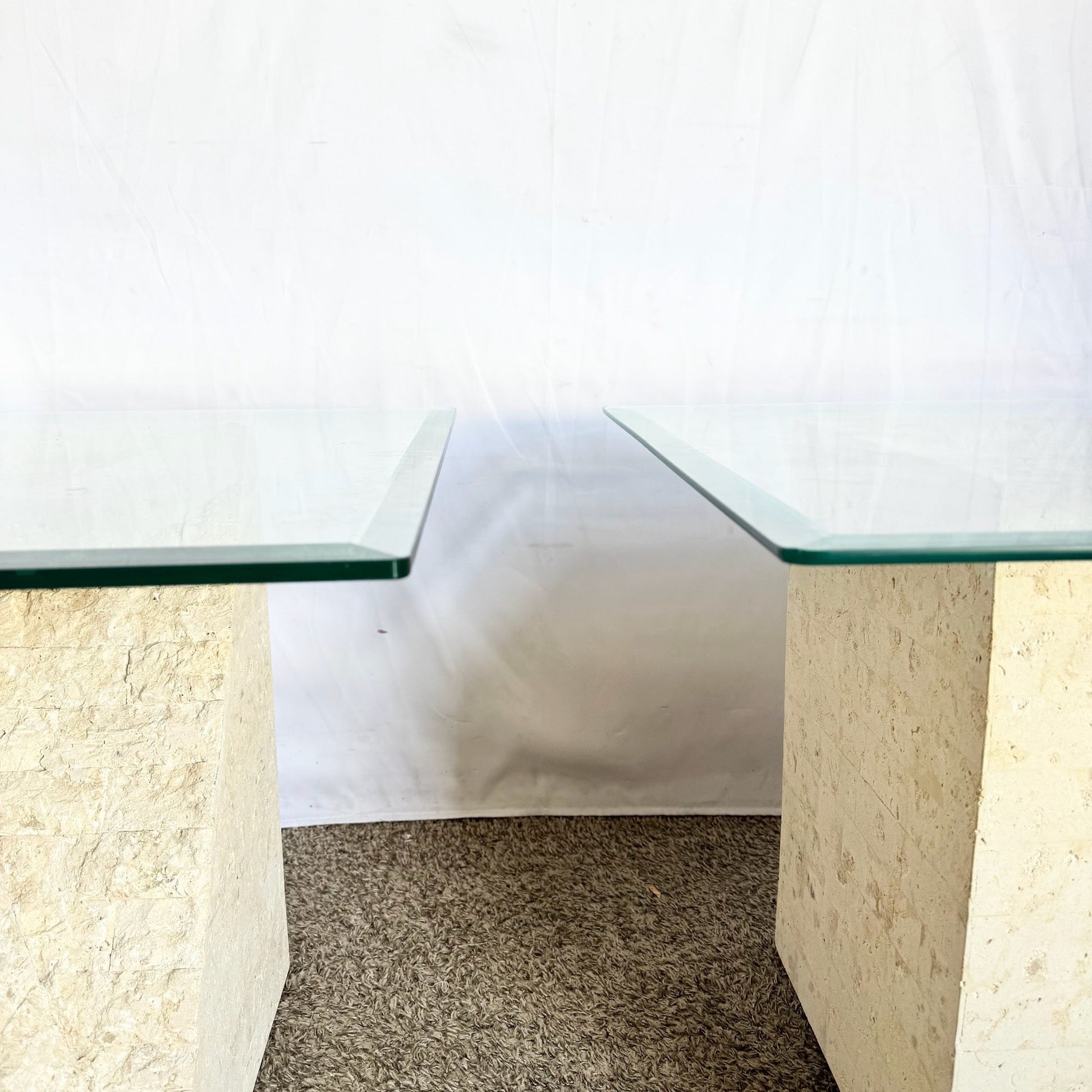 Postmodern Tessellated Stone Square Glass Top Side Tables - A Pair - Dolphin & Flamingo