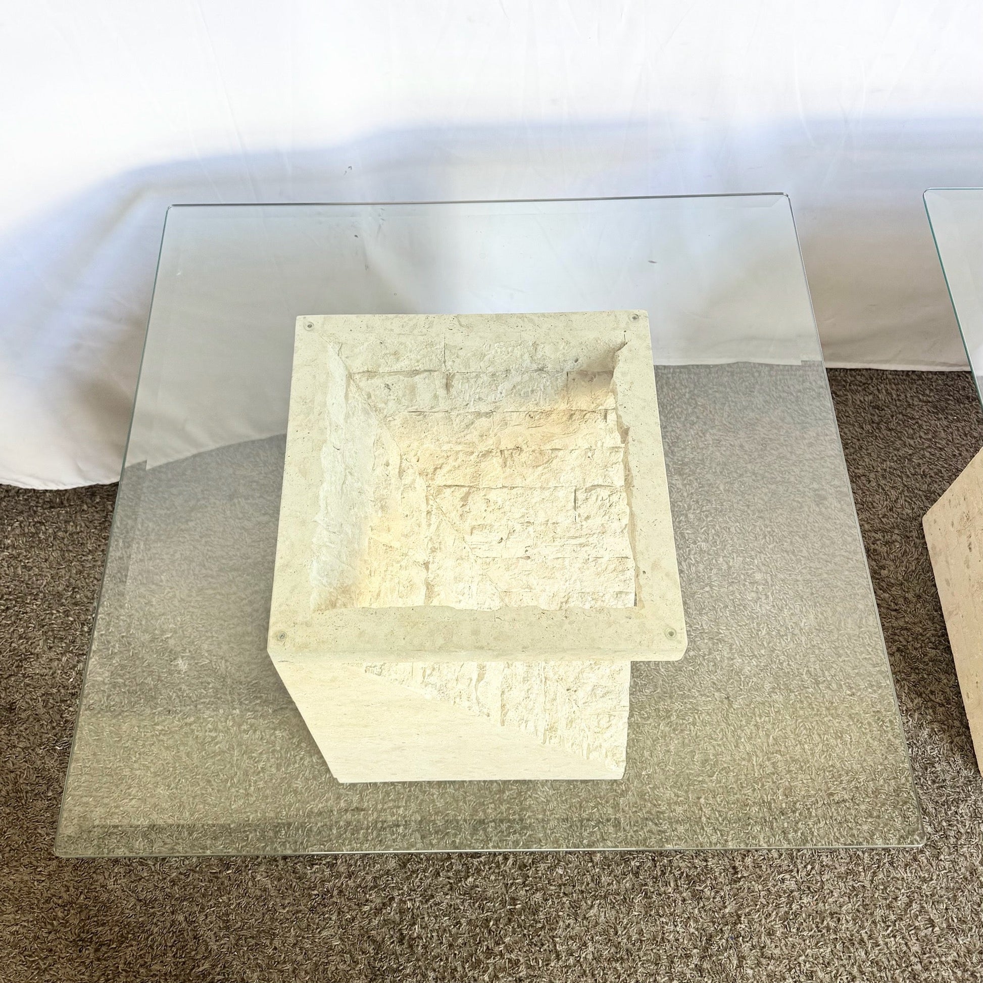 Postmodern Tessellated Stone Square Glass Top Side Tables - A Pair - Dolphin & Flamingo