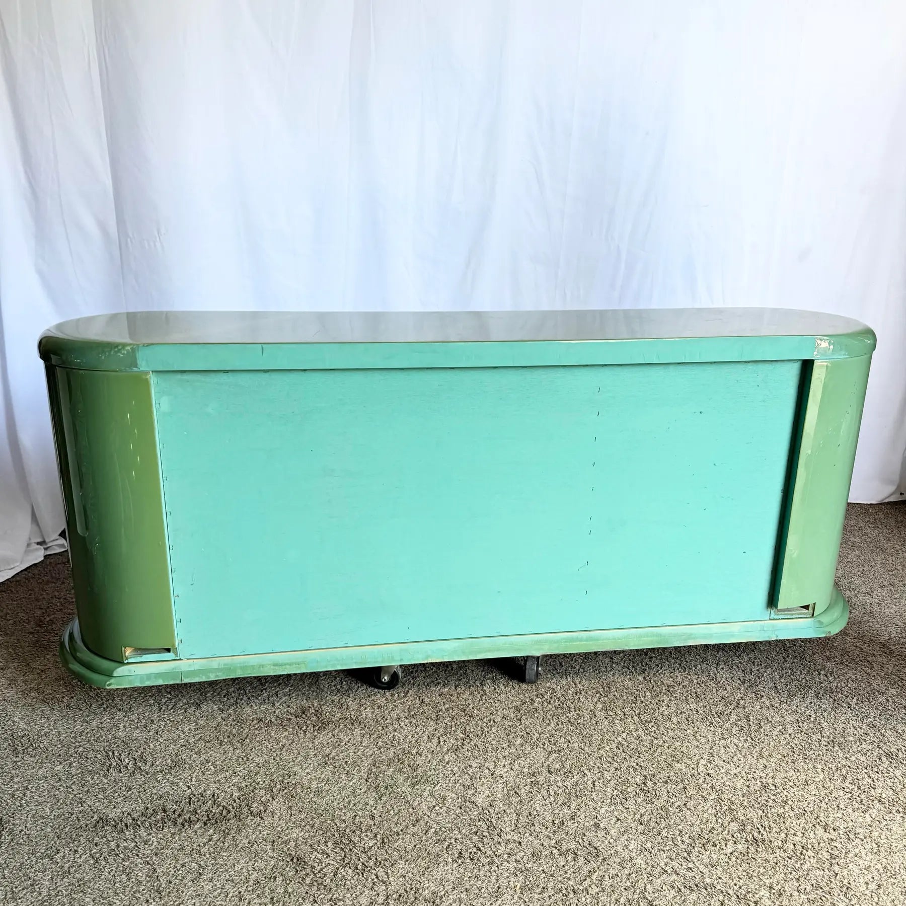 Postmodern Turquoise and Cream Credenza With Mirrored Doors - Dolphin & Flamingo