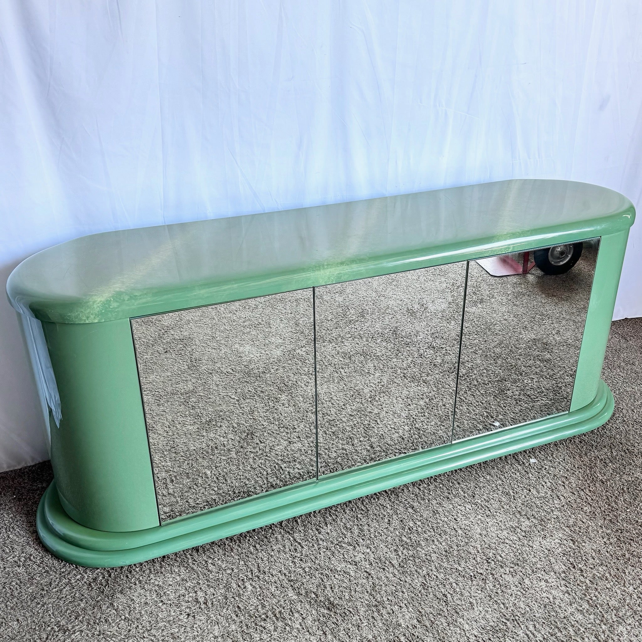 Postmodern Turquoise and Cream Credenza With Mirrored Doors - Dolphin & Flamingo