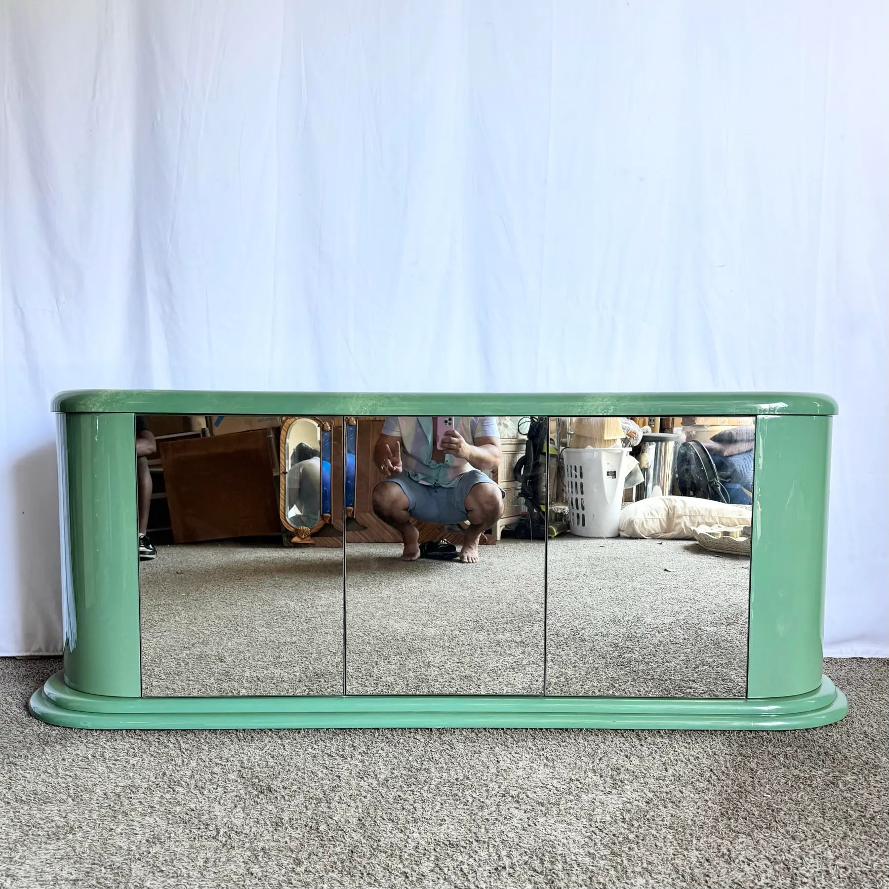 Postmodern Turquoise and Cream Credenza With Mirrored Doors - Dolphin & Flamingo