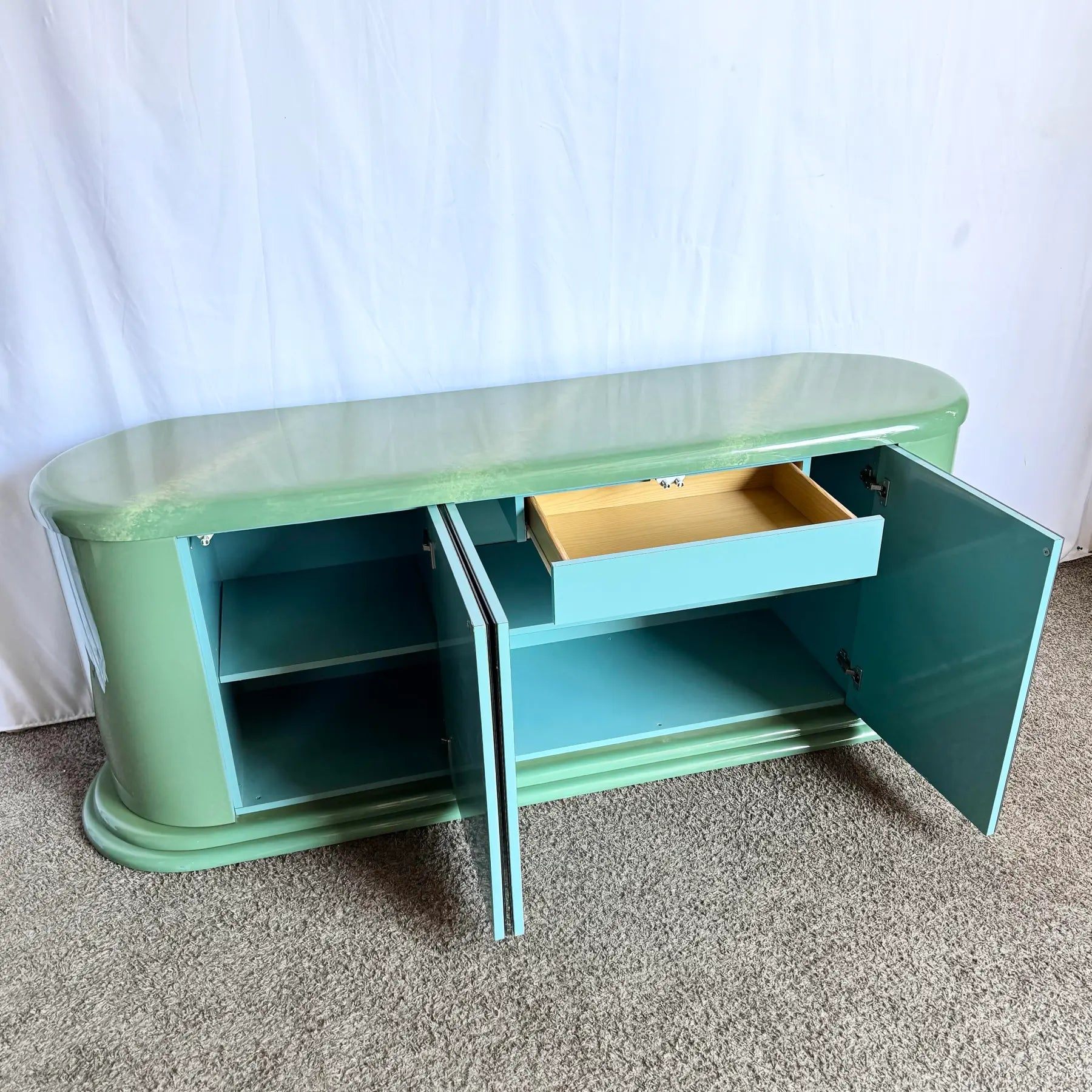 Postmodern Turquoise and Cream Credenza With Mirrored Doors - Dolphin & Flamingo