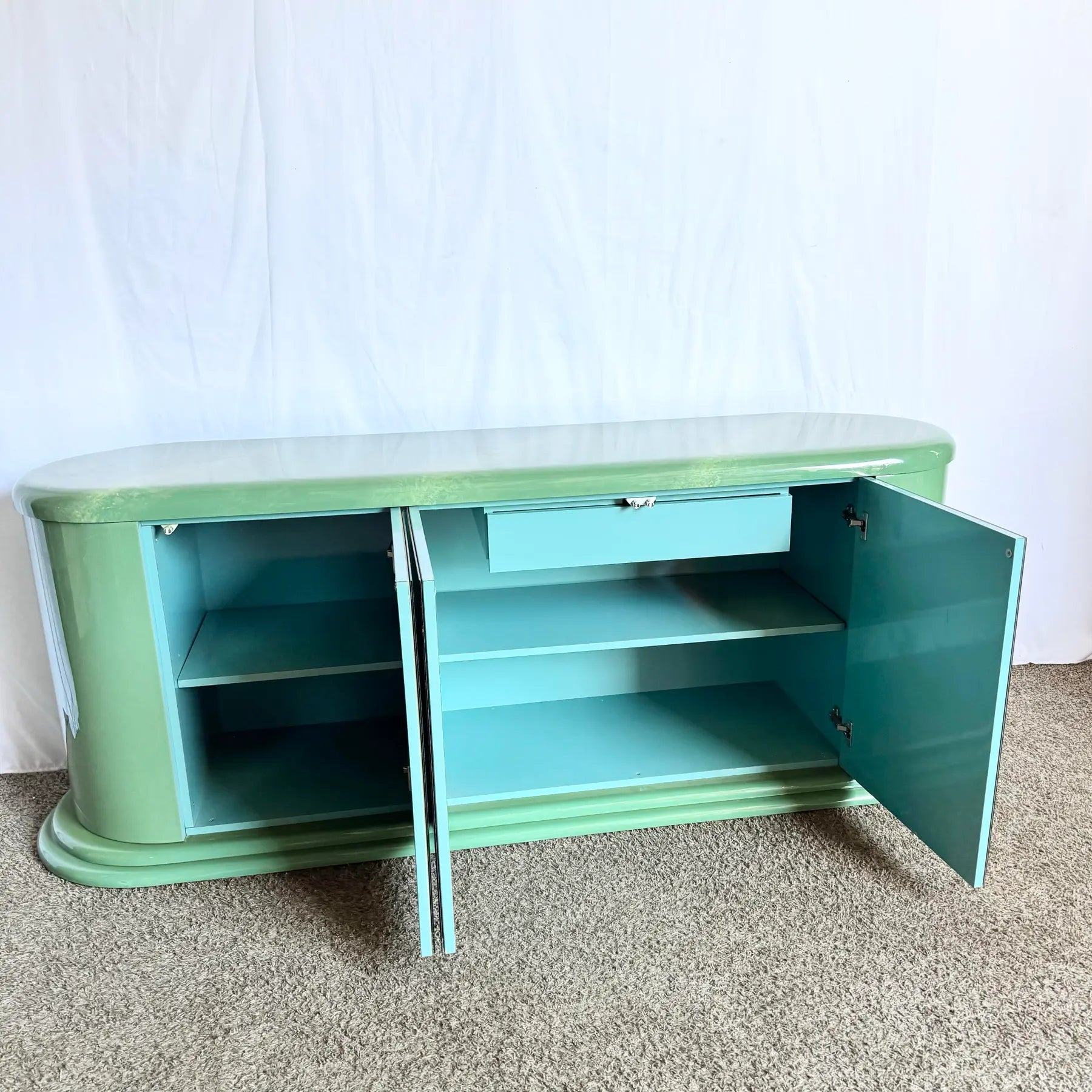 Postmodern Turquoise and Cream Credenza With Mirrored Doors - Dolphin & Flamingo
