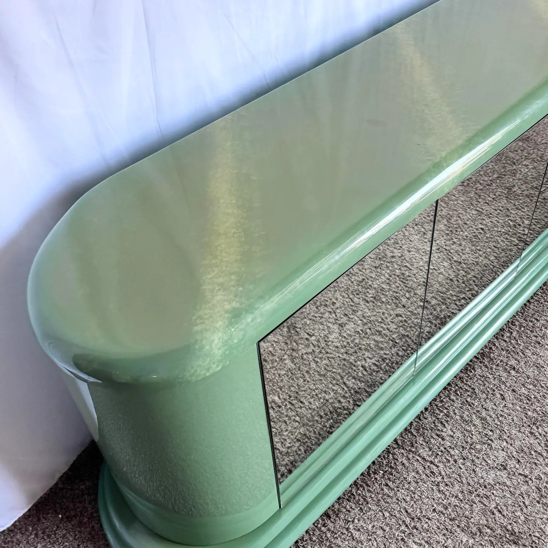 Postmodern Turquoise and Cream Credenza With Mirrored Doors - Dolphin & Flamingo