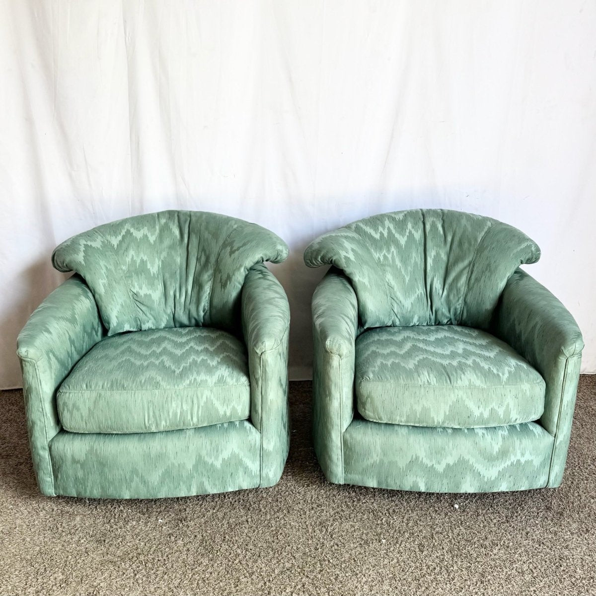 Postmodern Turquoise Fabric Swivel Lounge Chairs - A Pair - Dolphin & Flamingo