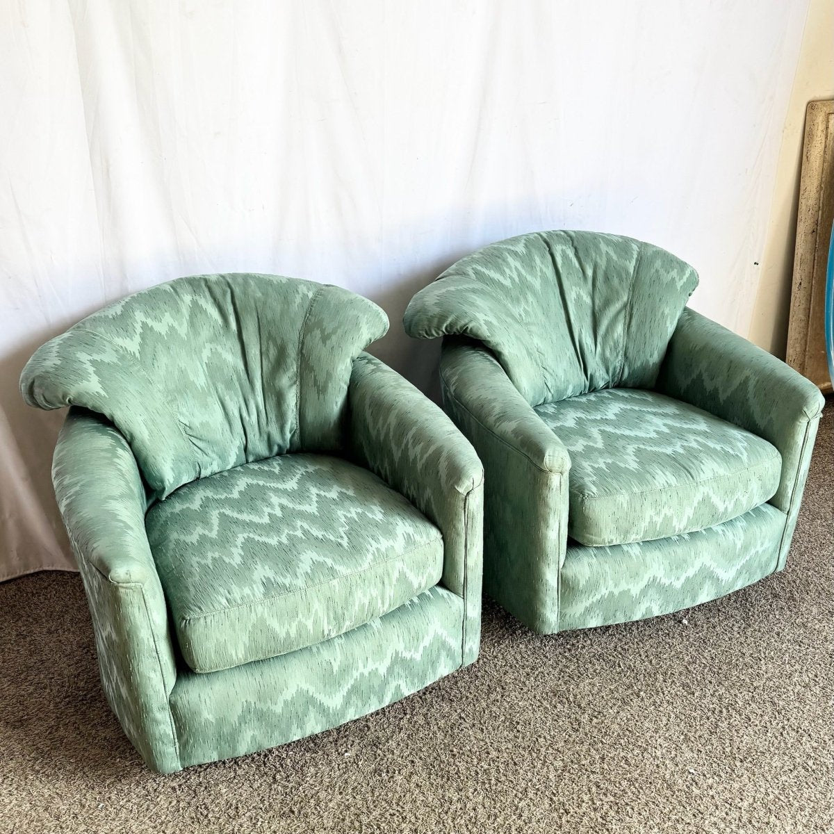 Postmodern Turquoise Fabric Swivel Lounge Chairs - A Pair - Dolphin & Flamingo