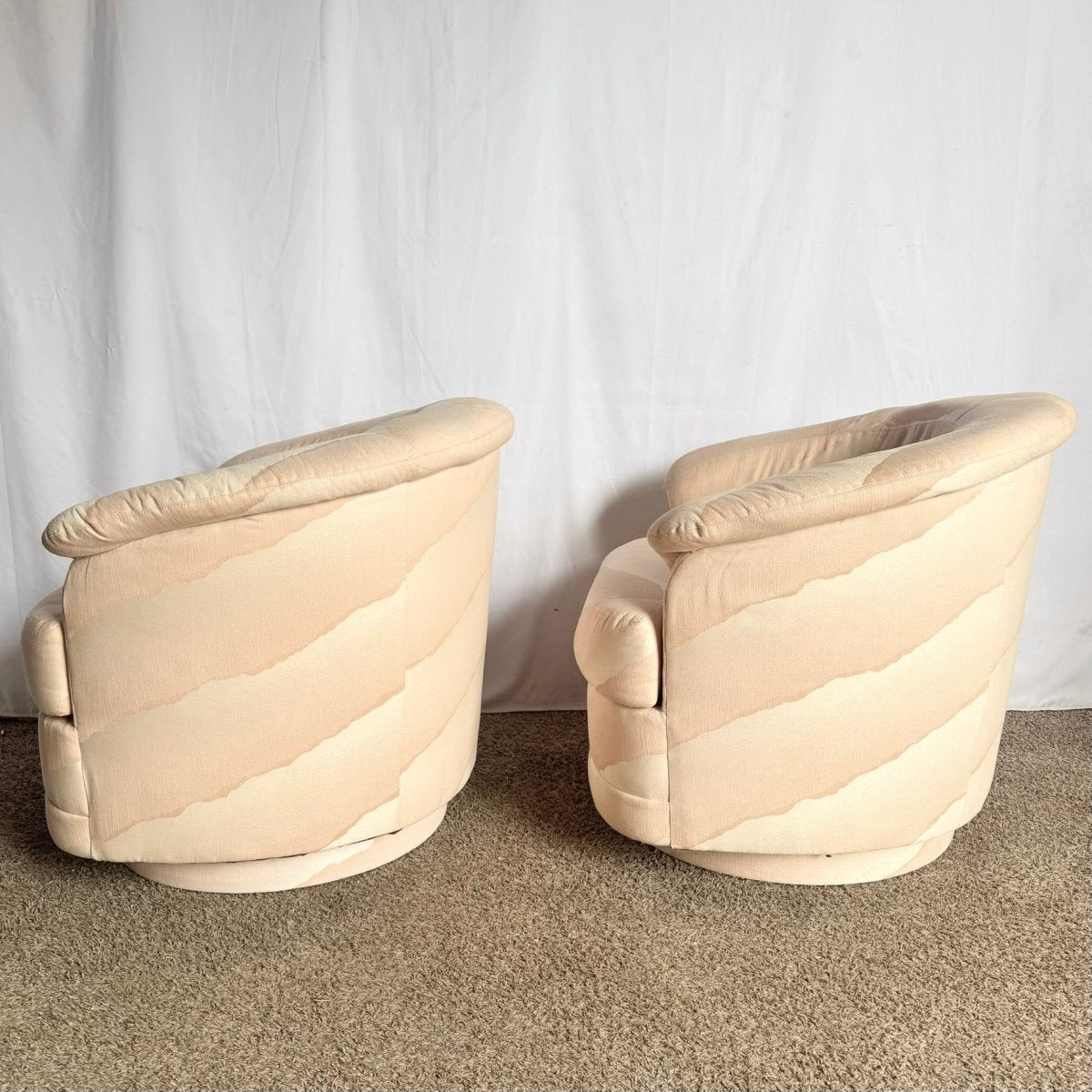 Postmodern Wavy Pink Barrel Swivel Chairs by Carson’s - A Pair - Dolphin & Flamingo