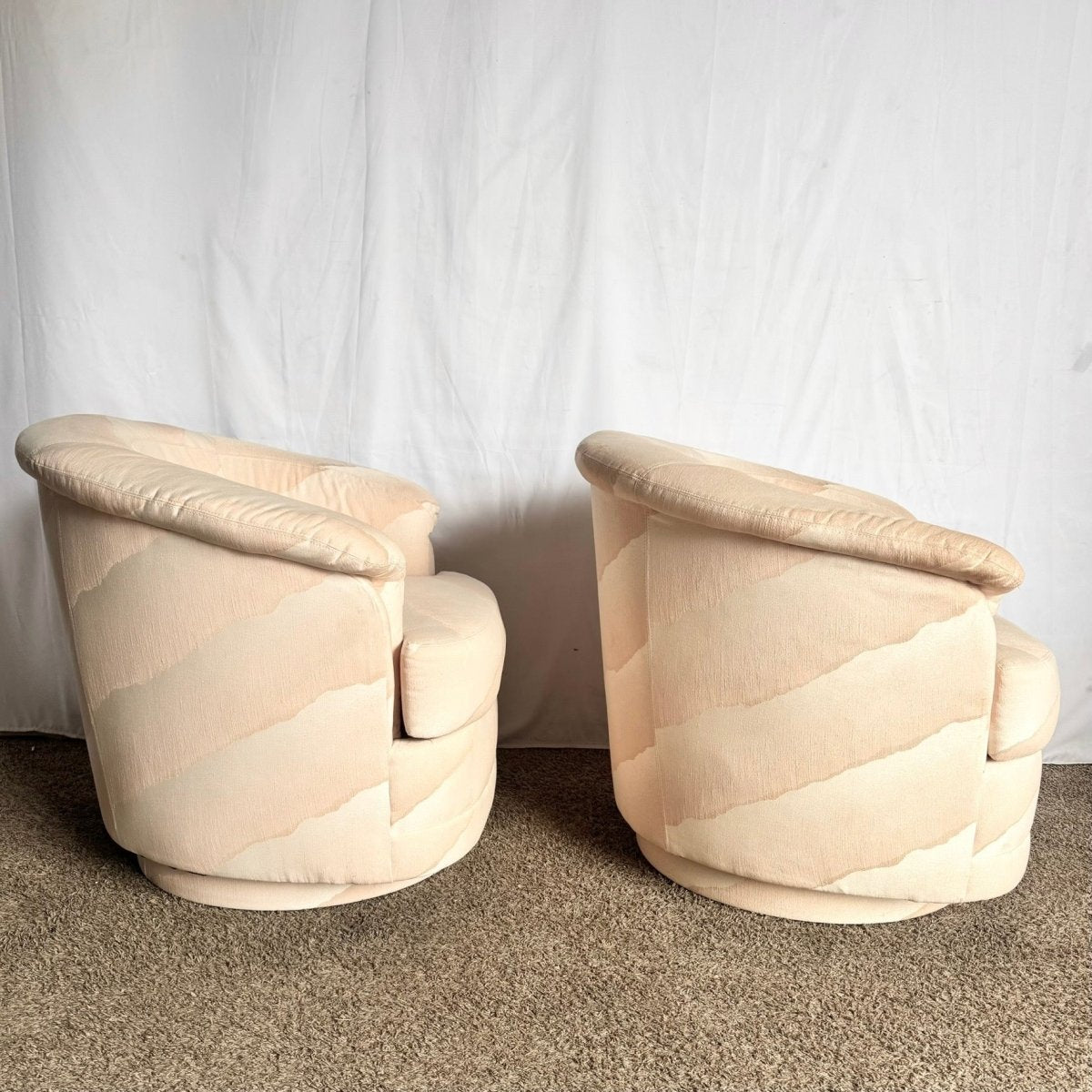 Postmodern Wavy Pink Barrel Swivel Chairs by Carson’s - A Pair - Dolphin & Flamingo
