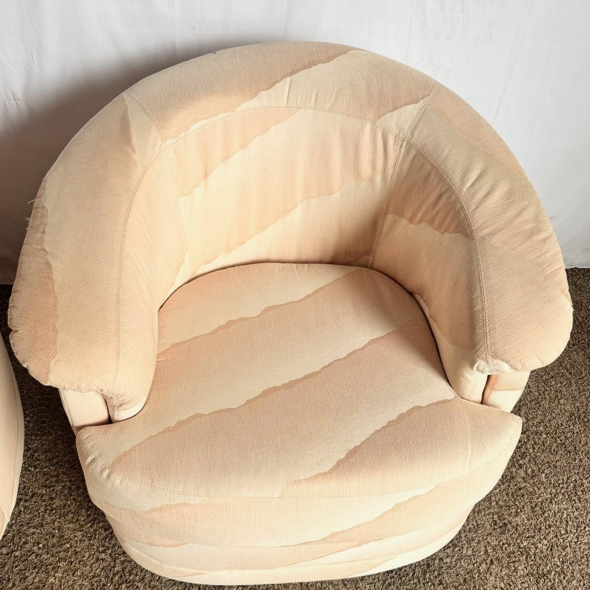 Postmodern Wavy Pink Barrel Swivel Chairs by Carson’s - A Pair - Dolphin & Flamingo