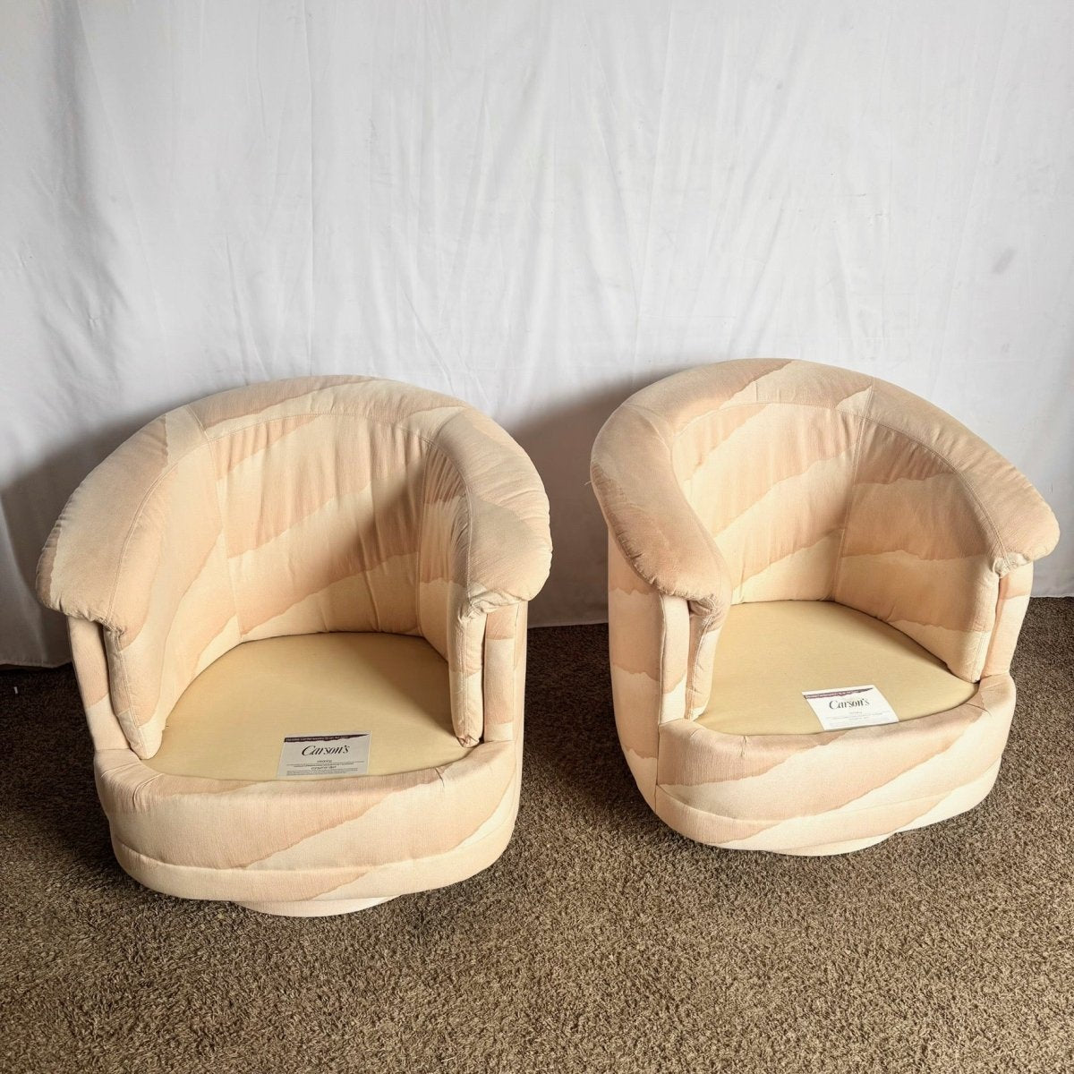 Postmodern Wavy Pink Barrel Swivel Chairs by Carson’s - A Pair - Dolphin & Flamingo