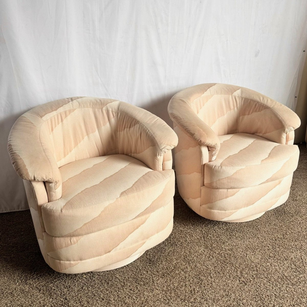 Postmodern Wavy Pink Barrel Swivel Chairs by Carson’s - A Pair - Dolphin & Flamingo