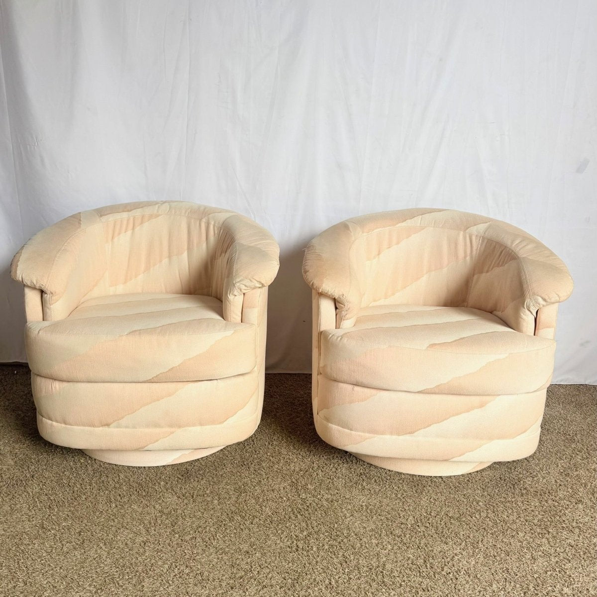 Postmodern Wavy Pink Barrel Swivel Chairs by Carson’s - A Pair - Dolphin & Flamingo