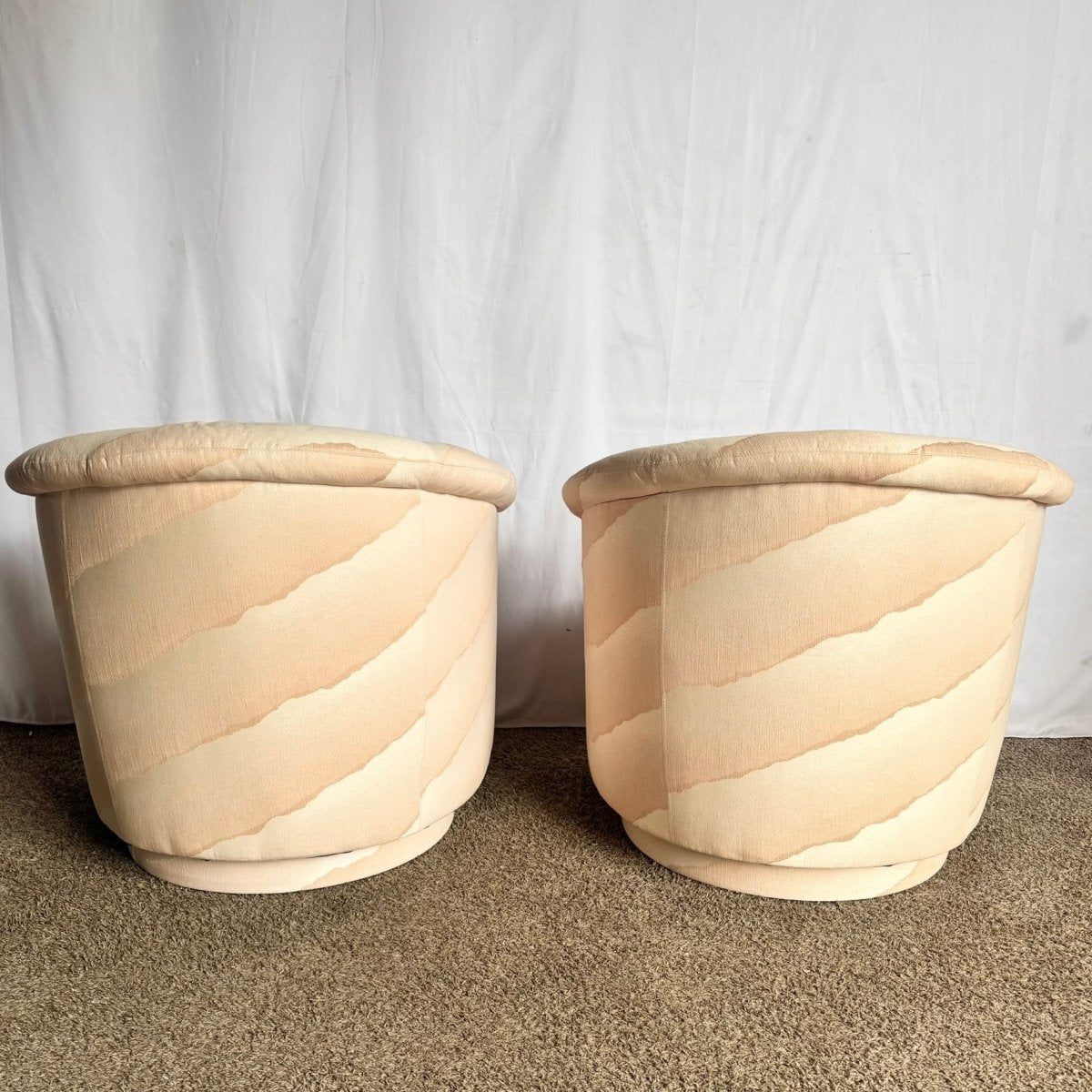 Postmodern Wavy Pink Barrel Swivel Chairs by Carson’s - A Pair - Dolphin & Flamingo