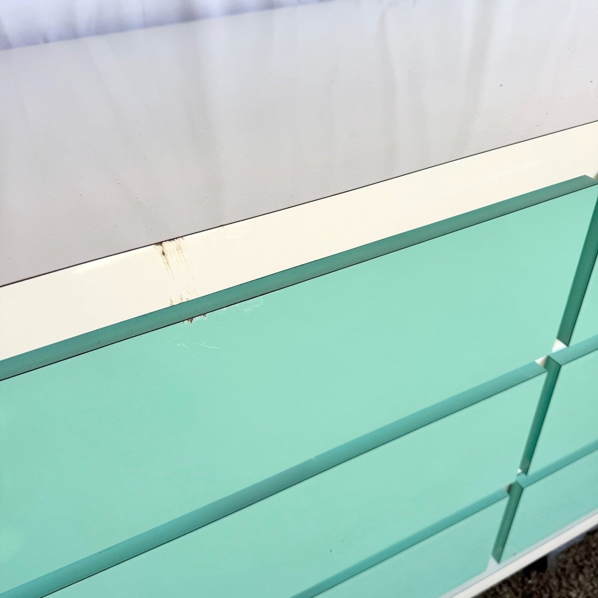 Postmodern White and Turquoise Lacquer Laminate Waterfall Dresser - Dolphin & Flamingo