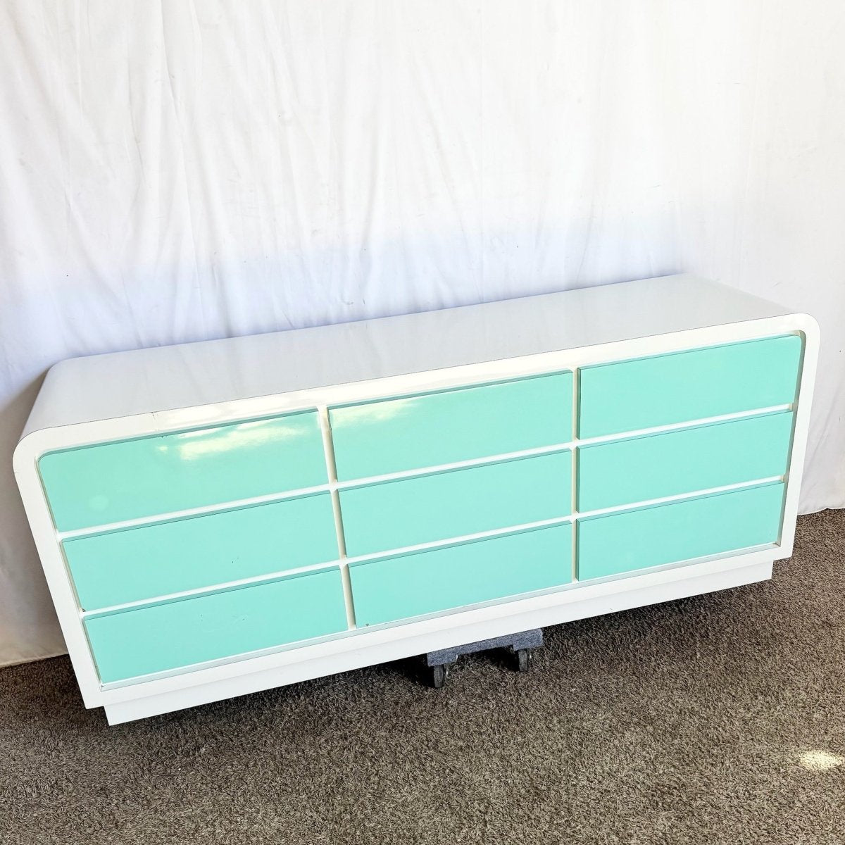 Postmodern White and Turquoise Lacquer Laminate Waterfall Dresser - Dolphin & Flamingo