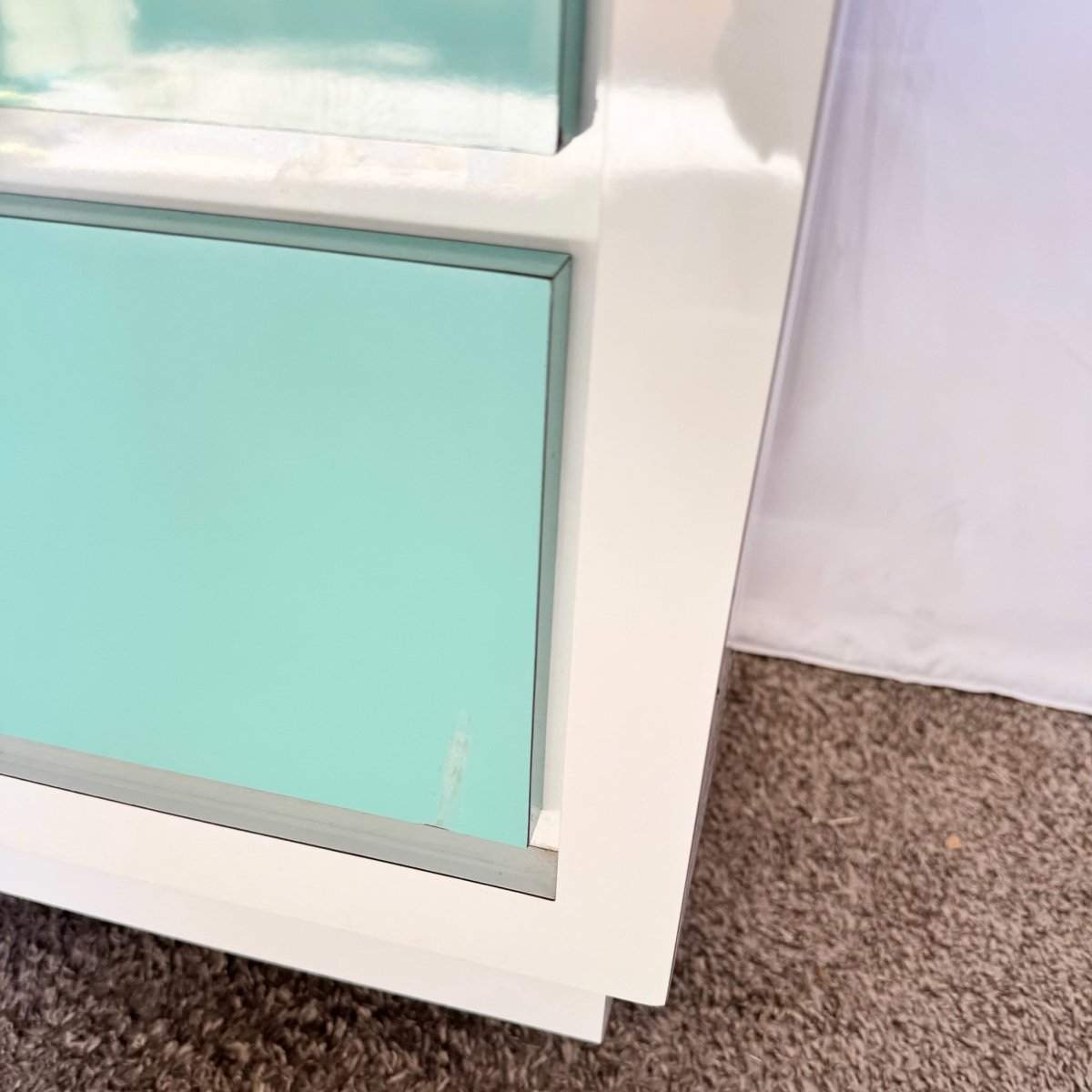 Postmodern White and Turquoise Lacquer Laminate Waterfall Dresser - Dolphin & Flamingo