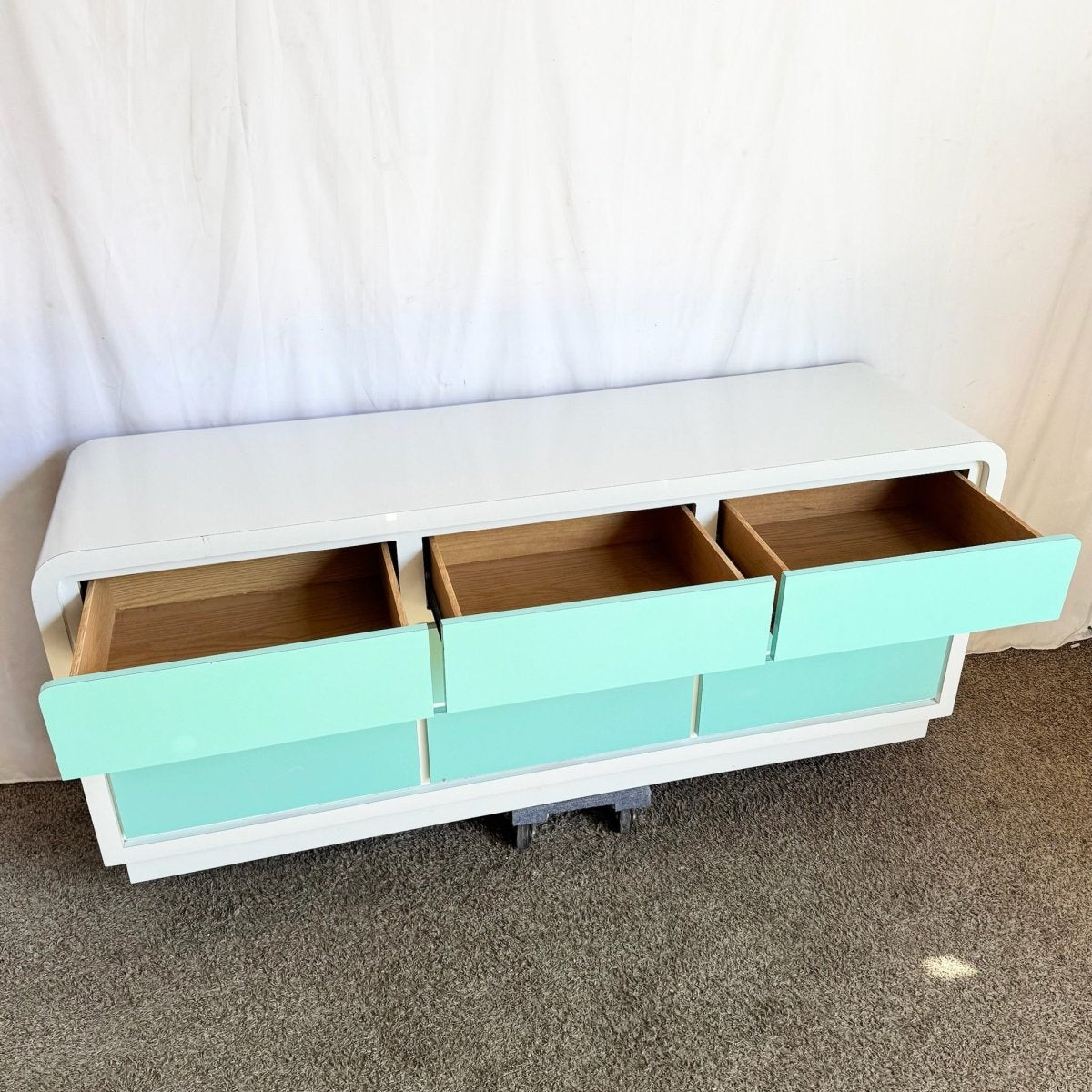 Postmodern White and Turquoise Lacquer Laminate Waterfall Dresser - Dolphin & Flamingo