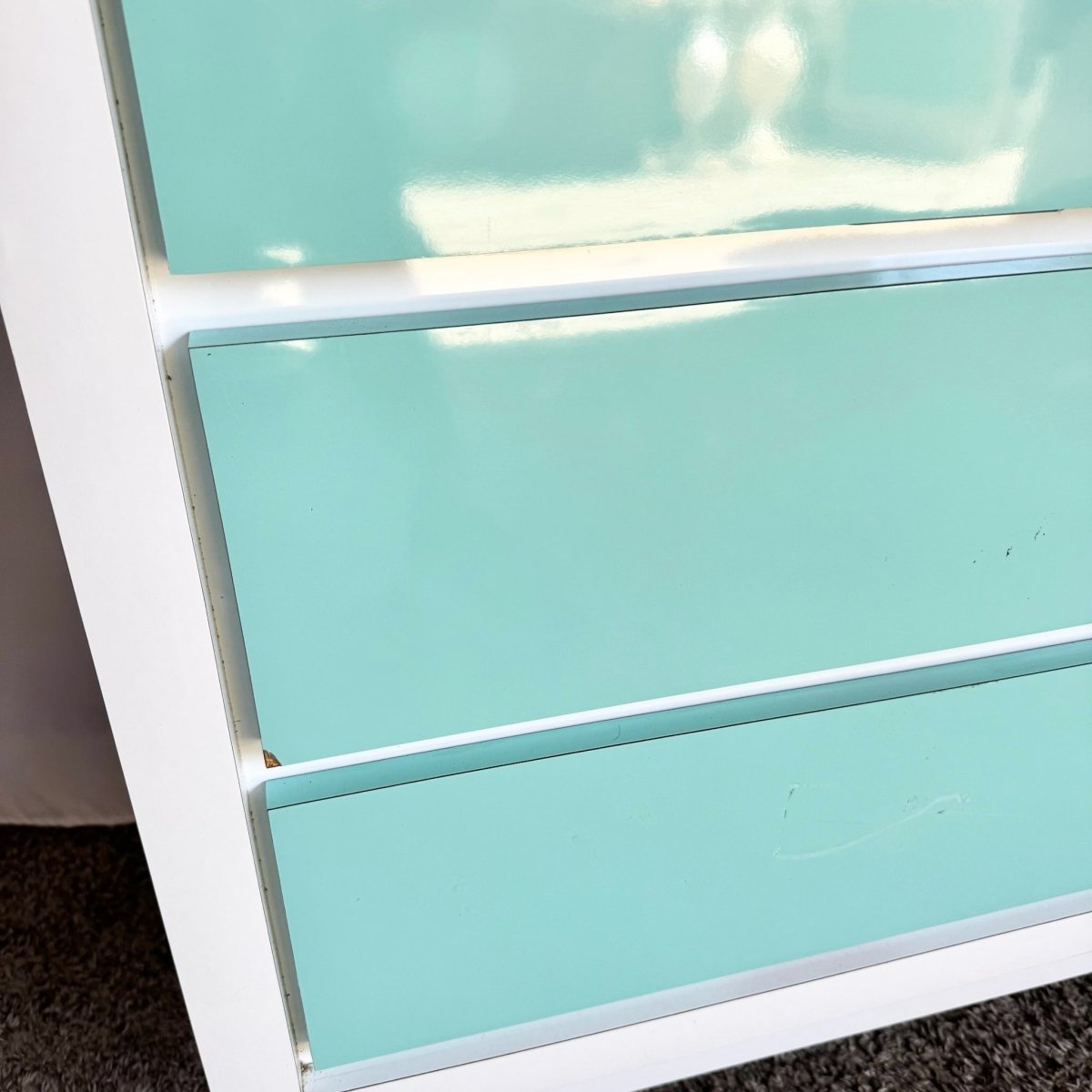 Postmodern White and Turquoise Lacquer Laminate Waterfall Dresser - Dolphin & Flamingo