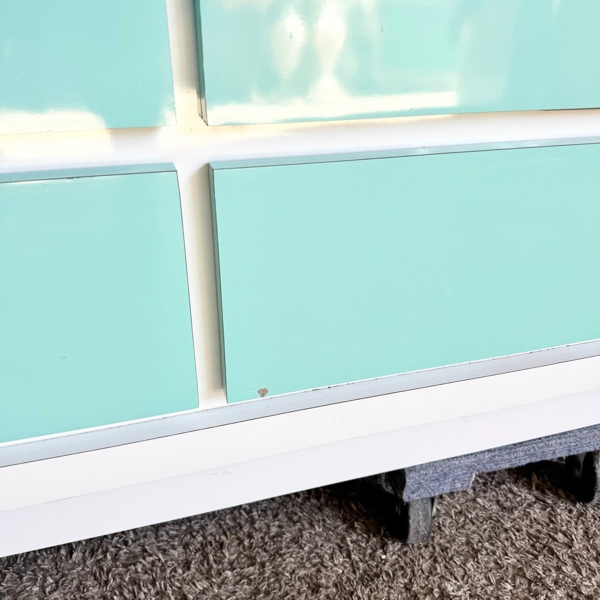 Postmodern White and Turquoise Lacquer Laminate Waterfall Dresser - Dolphin & Flamingo
