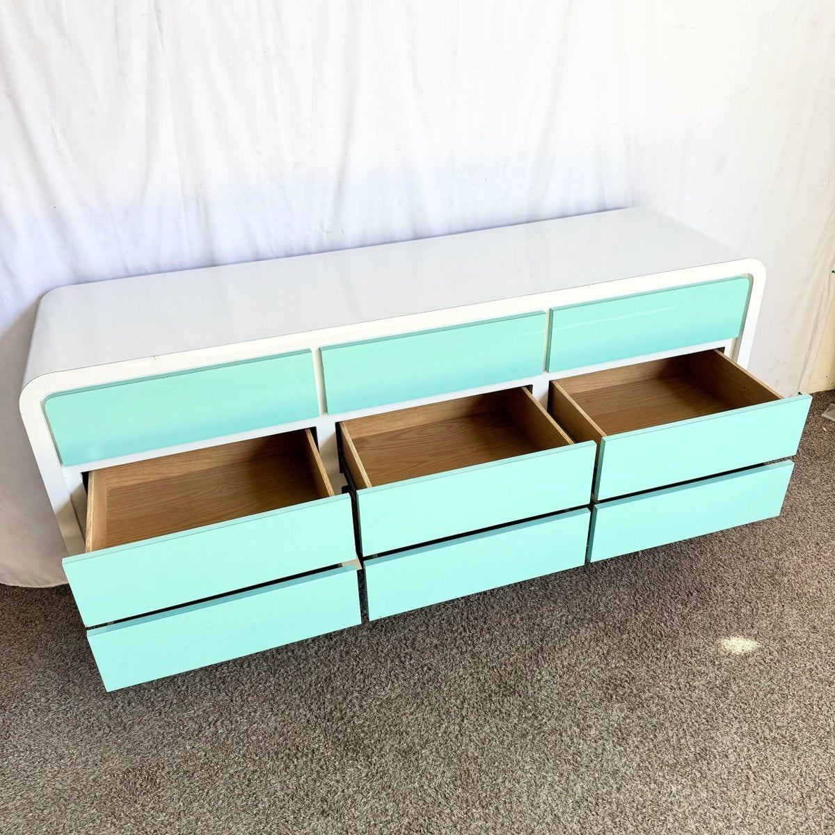 Postmodern White and Turquoise Lacquer Laminate Waterfall Dresser - Dolphin & Flamingo