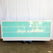 Postmodern White and Turquoise Lacquer Laminate Waterfall Dresser - Dolphin & Flamingo