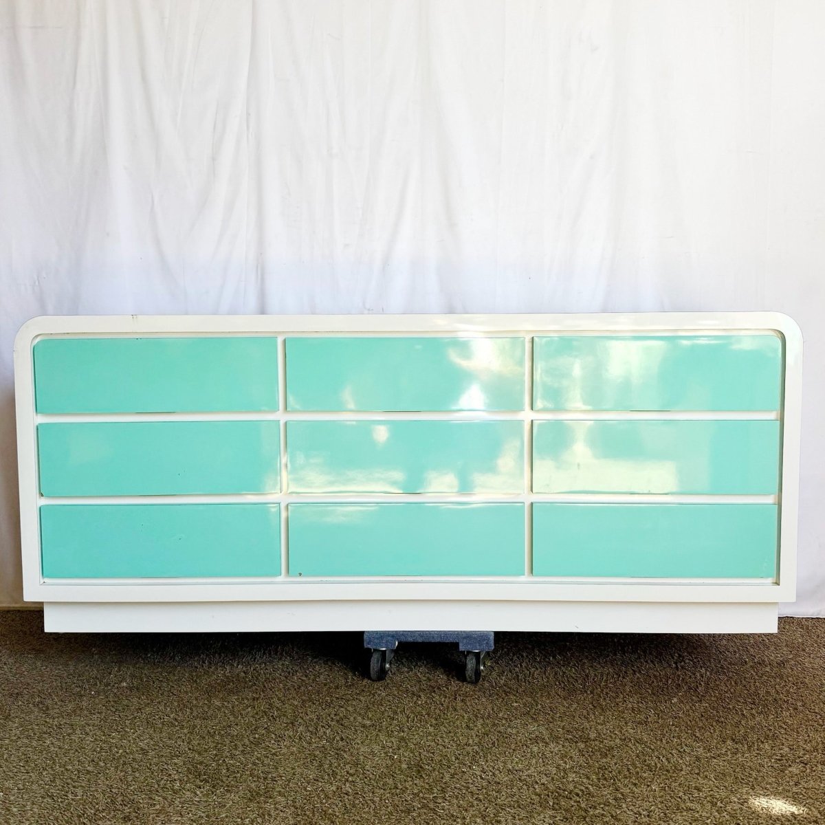 Postmodern White and Turquoise Lacquer Laminate Waterfall Dresser - Dolphin & Flamingo