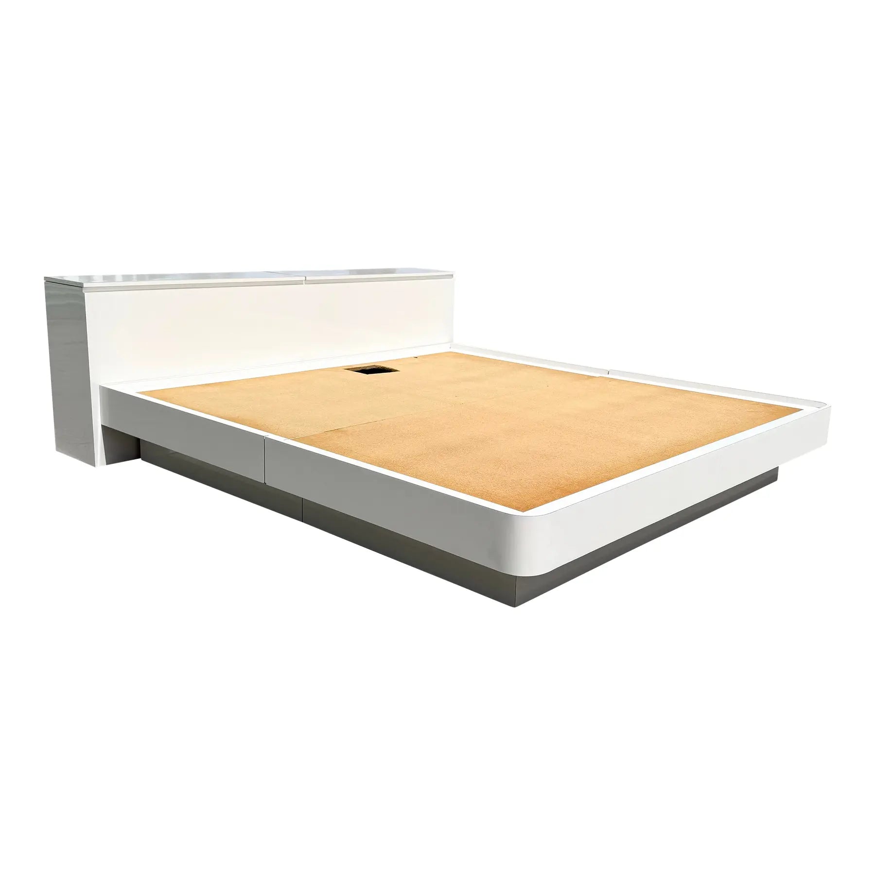 Postmodern White Gloss Laminate King Size Platform Bed With Storage Headboard Dolphin & Flamingo