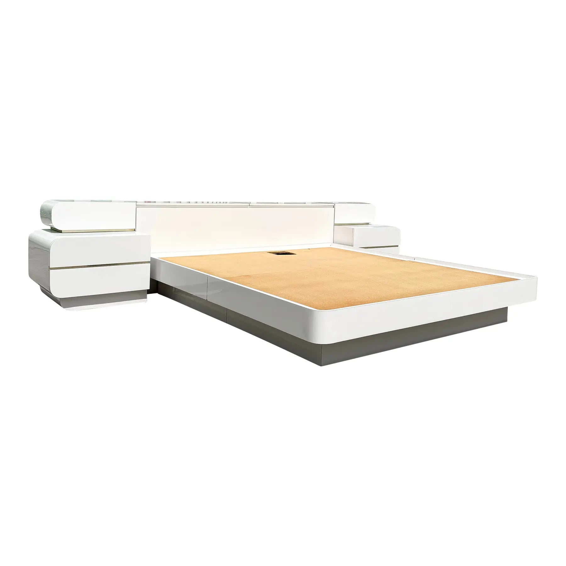 Postmodern White Gloss Laminate King Size Platform Bed With Storage Headboard and Waterfall Nighstands - 4 Pieces Dolphin & Flamingo