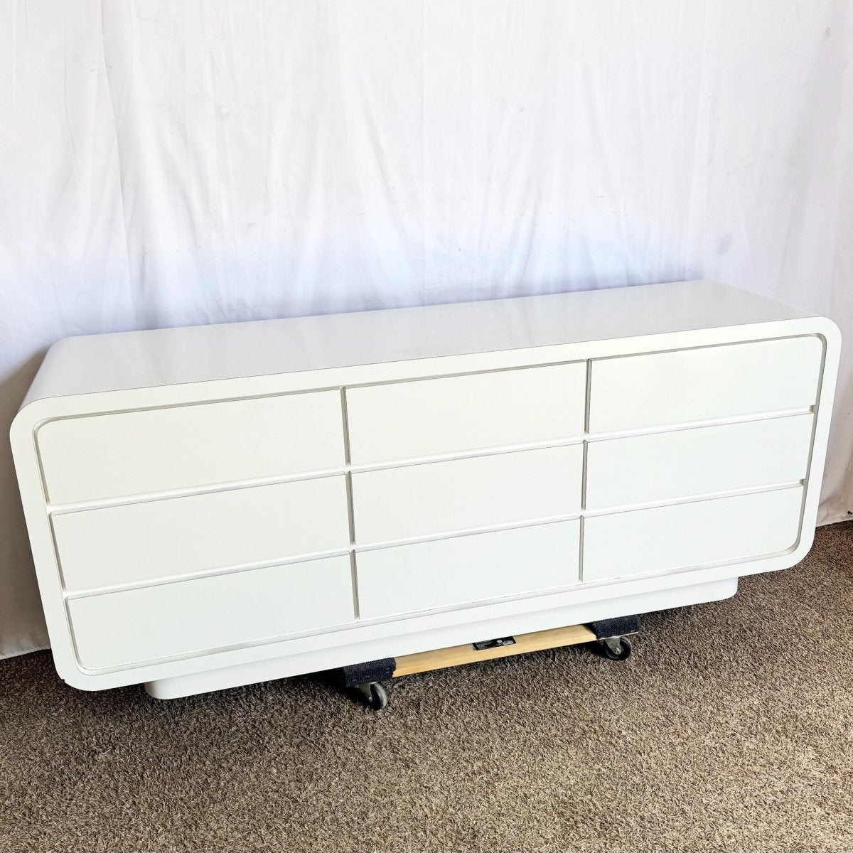 Postmodern White Lacquer Laminate Waterfall Dresser - Dolphin & Flamingo