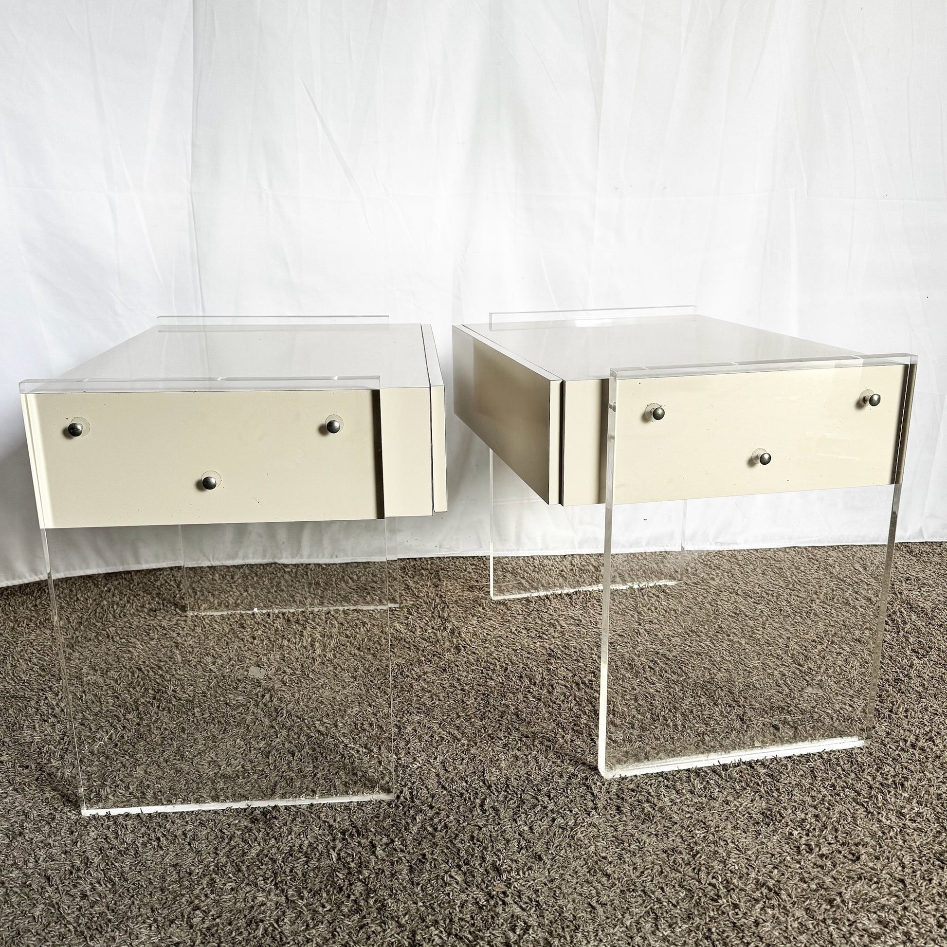 Postmodern White Laminate Lucite Floating Nighstands - A Pair - Dolphin & Flamingo
