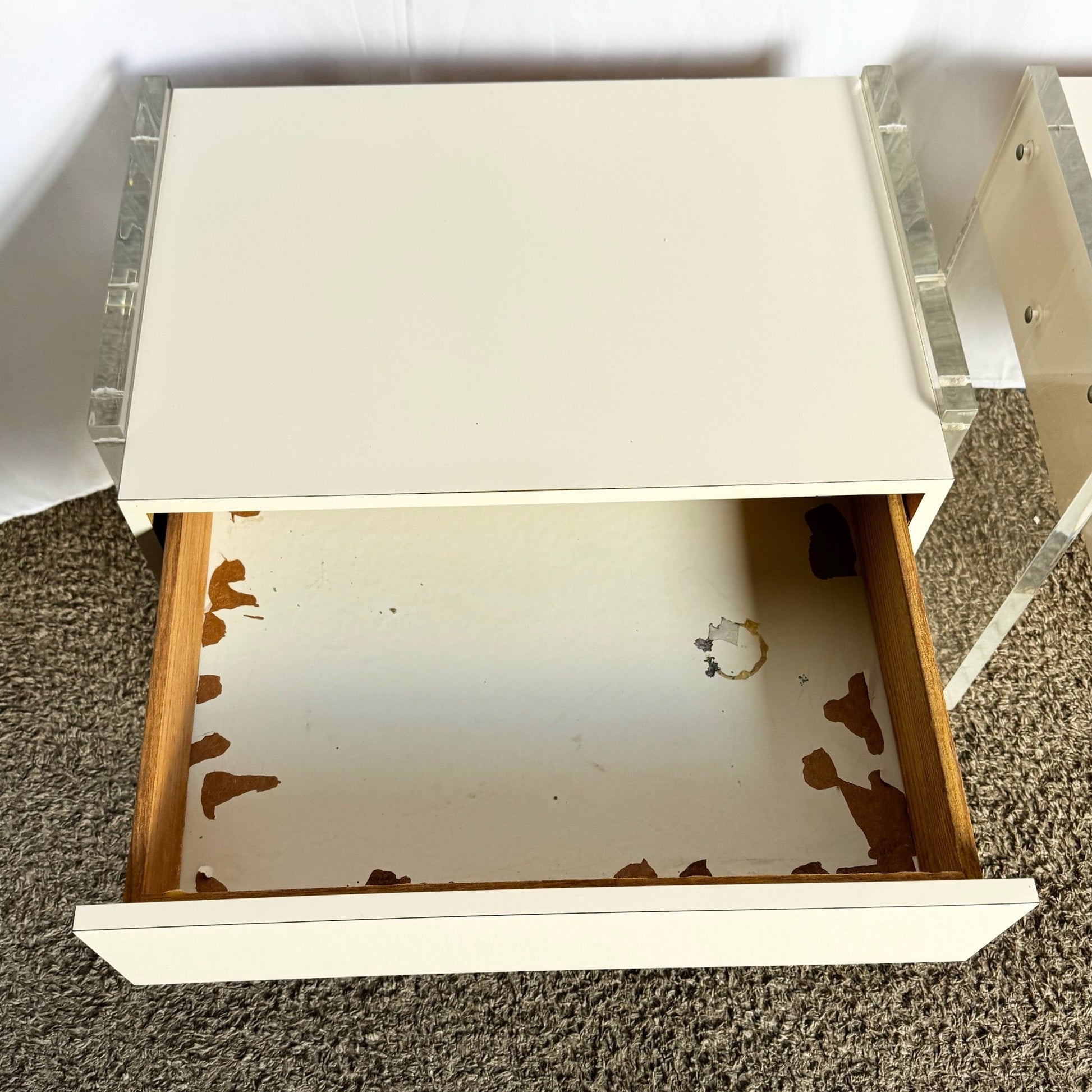 Postmodern White Laminate Lucite Floating Nighstands - A Pair - Dolphin & Flamingo