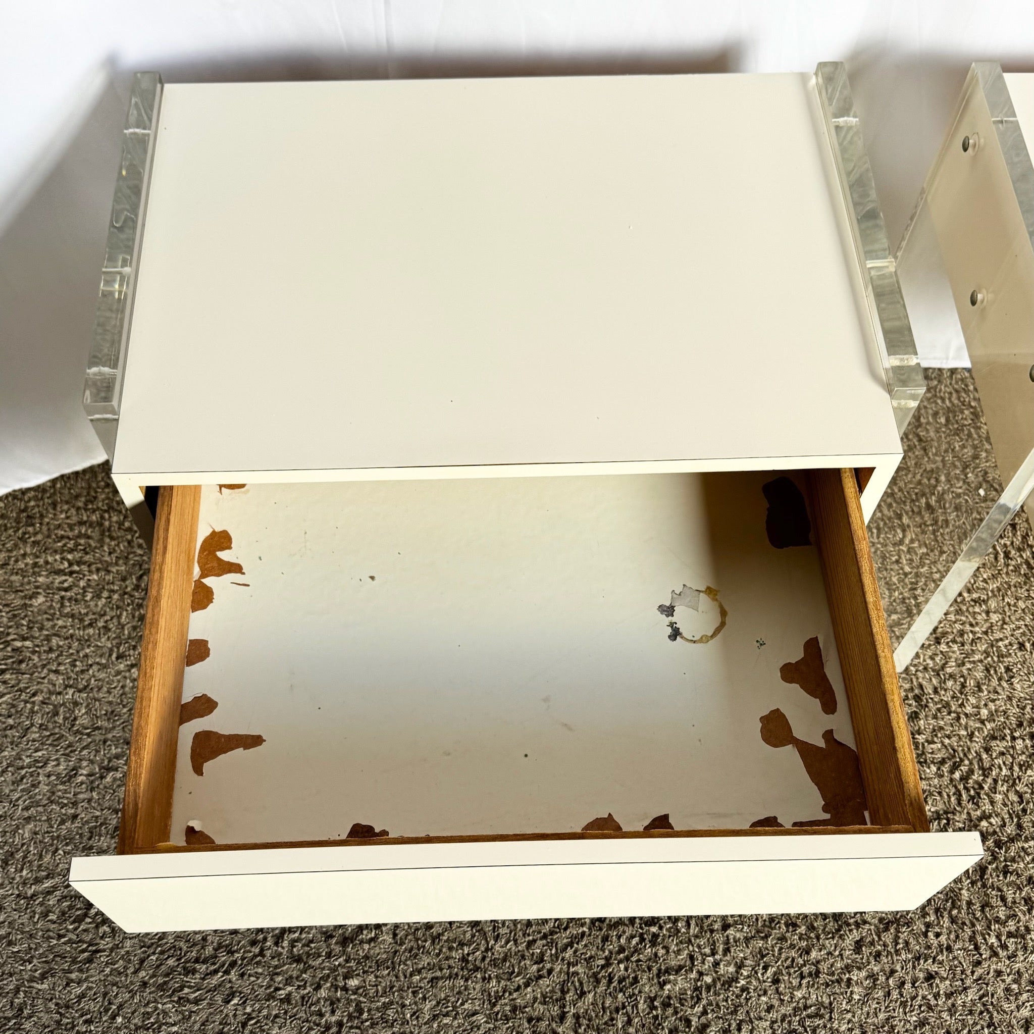 Postmodern White Laminate Lucite Floating Nighstands - A Pair - Dolphin & Flamingo