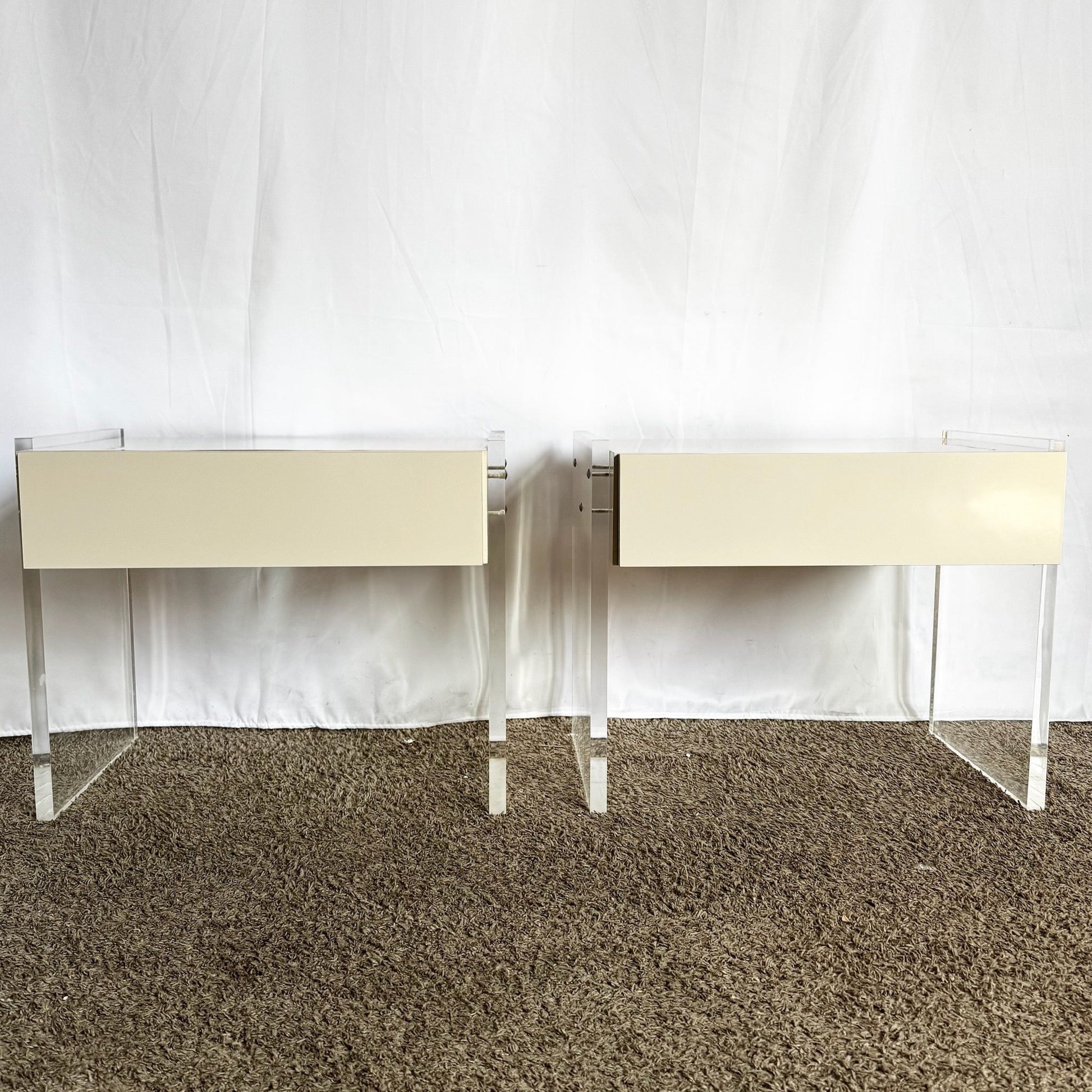 Postmodern White Laminate Lucite Floating Nighstands - A Pair - Dolphin & Flamingo