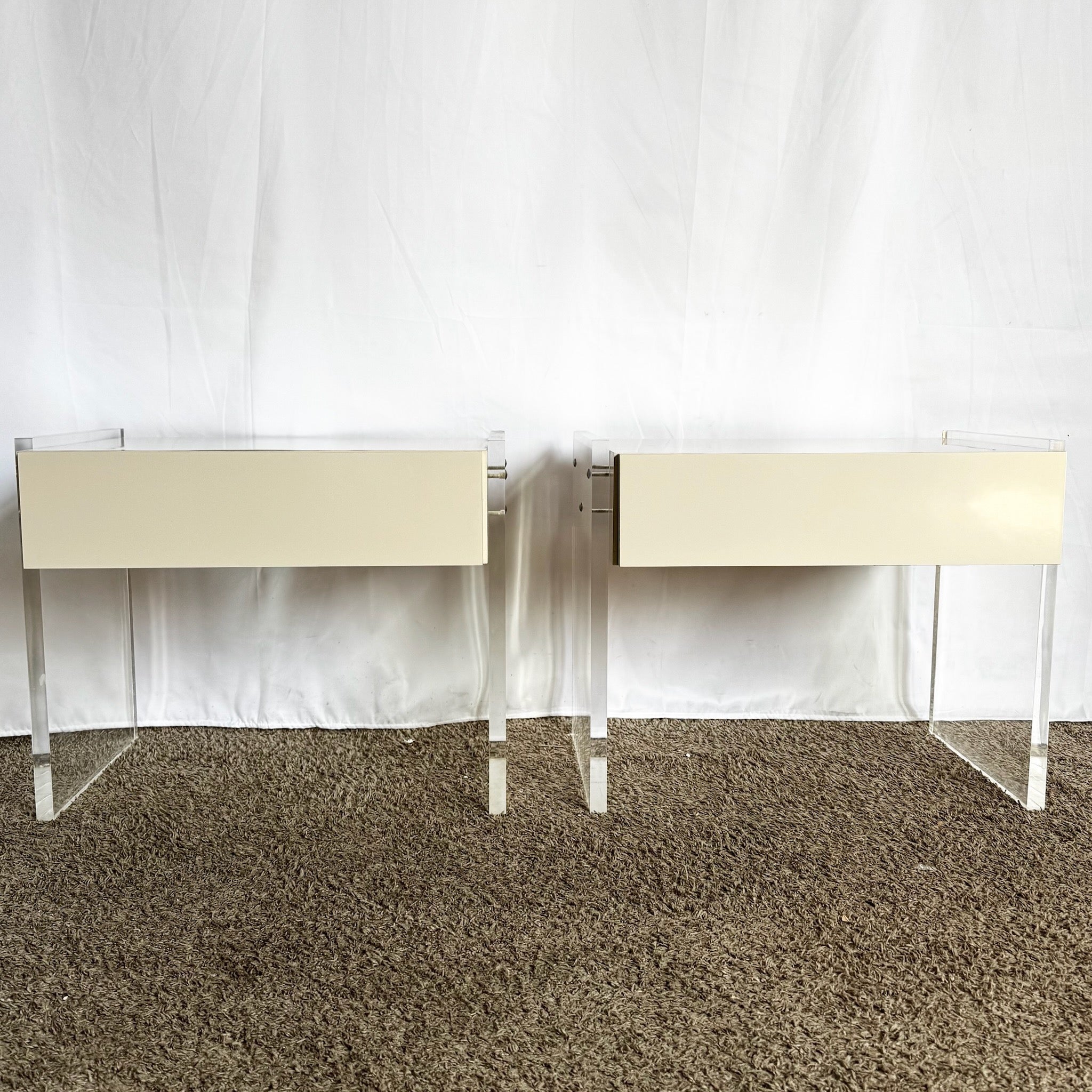 Postmodern White Laminate Lucite Floating Nighstands - A Pair - Dolphin & Flamingo